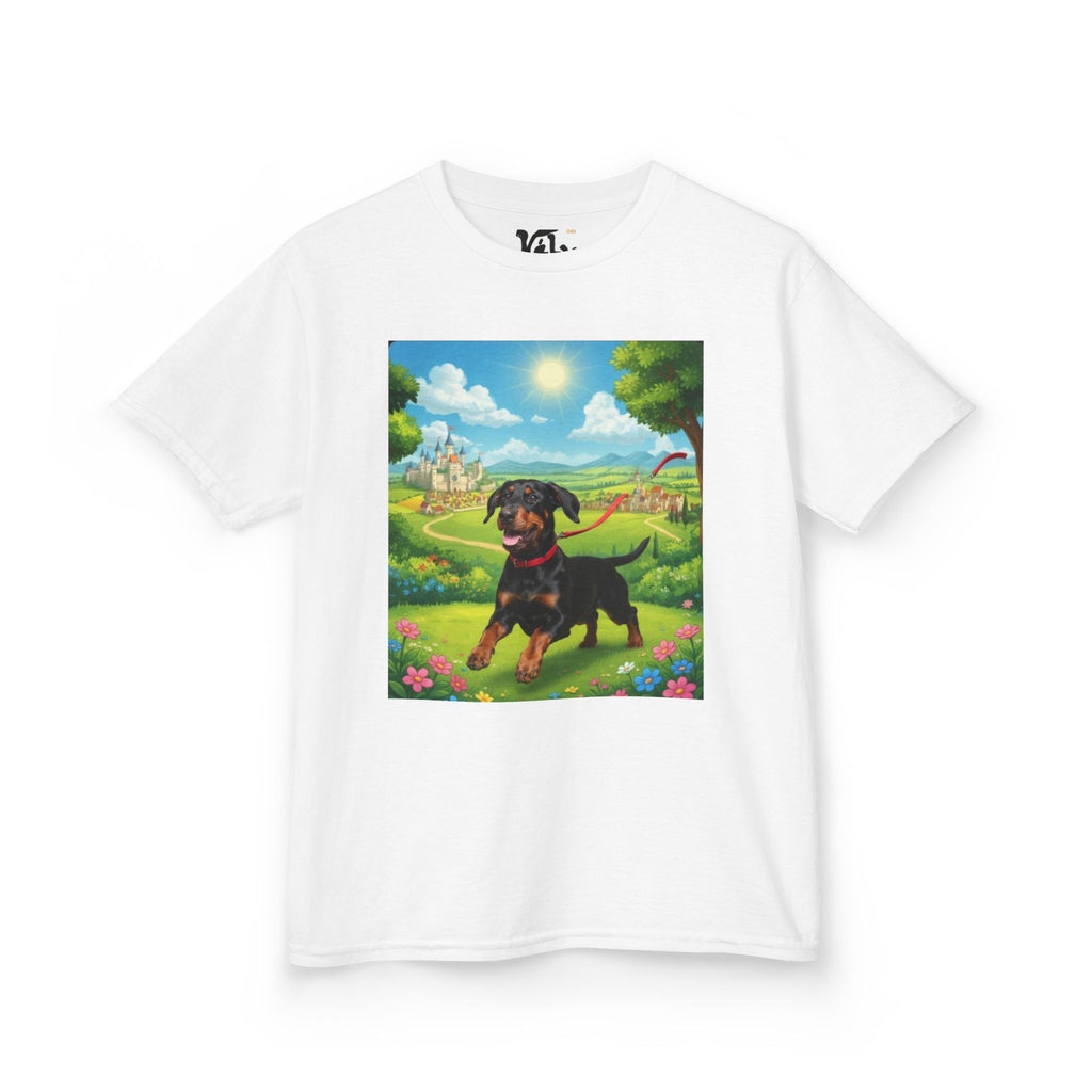 Kids Tee — Cute Rottweiler Puppy in Sunny Fantasy Meadow