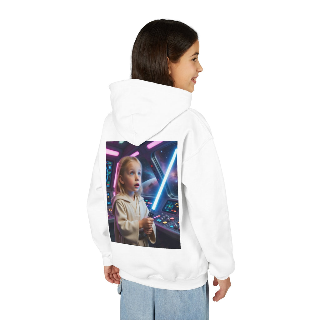Kids Hoodie - Child with Lightsaber Retro Space Controls Graphic