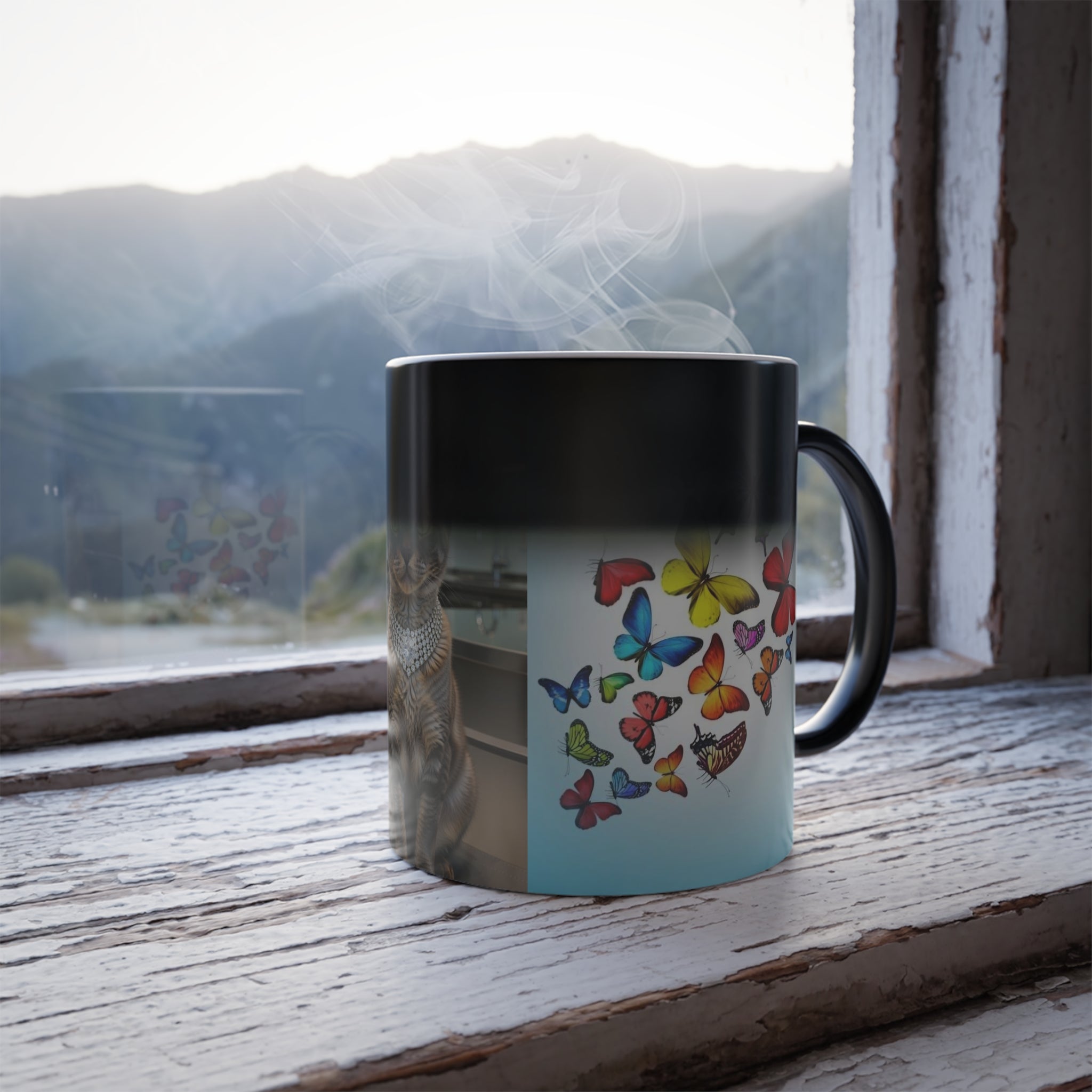 Color-Changing Mug — Regal Cat with Crown & Butterflies (11 oz)