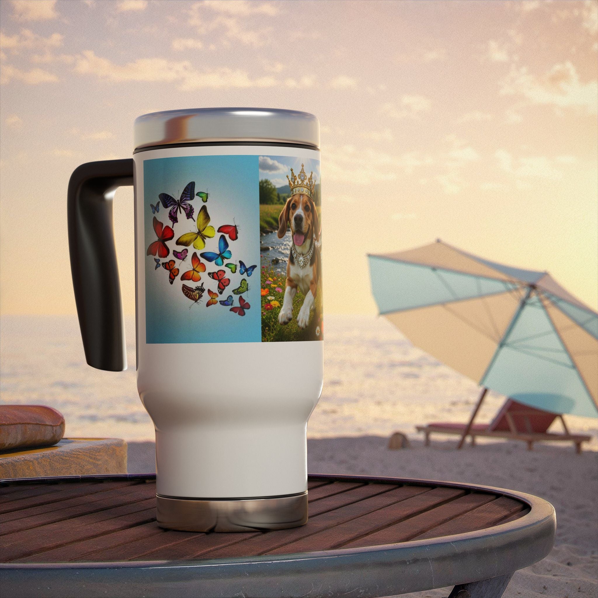Crowned Beagle Travel Mug — 14oz Stainless Steel Tumbler with Handle, Butterfly Garden Design