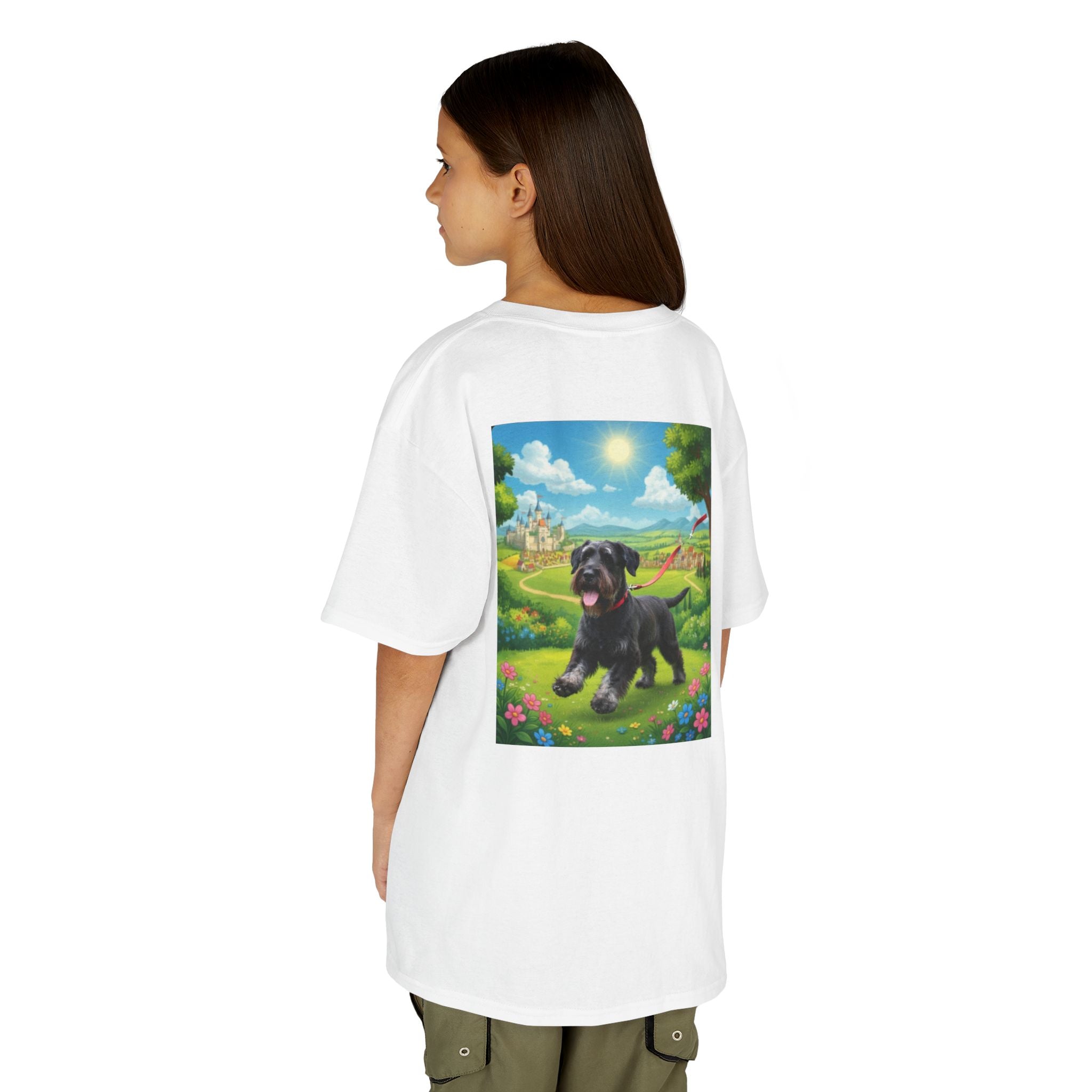 T-SHIRT KIDS DOGS HEROES — Black Puppy in Sunny Meadow Cute Dog Graphic