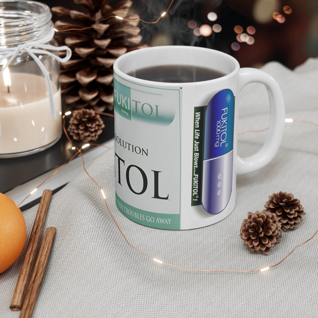 FUKITOL Funny Novelty Mug — "Finally a Solution" Prescription Pill Design (11oz)