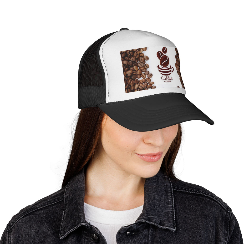 Coffee Beans Trucker Cap — Vintage Café Logo Hat for Coffee Lovers