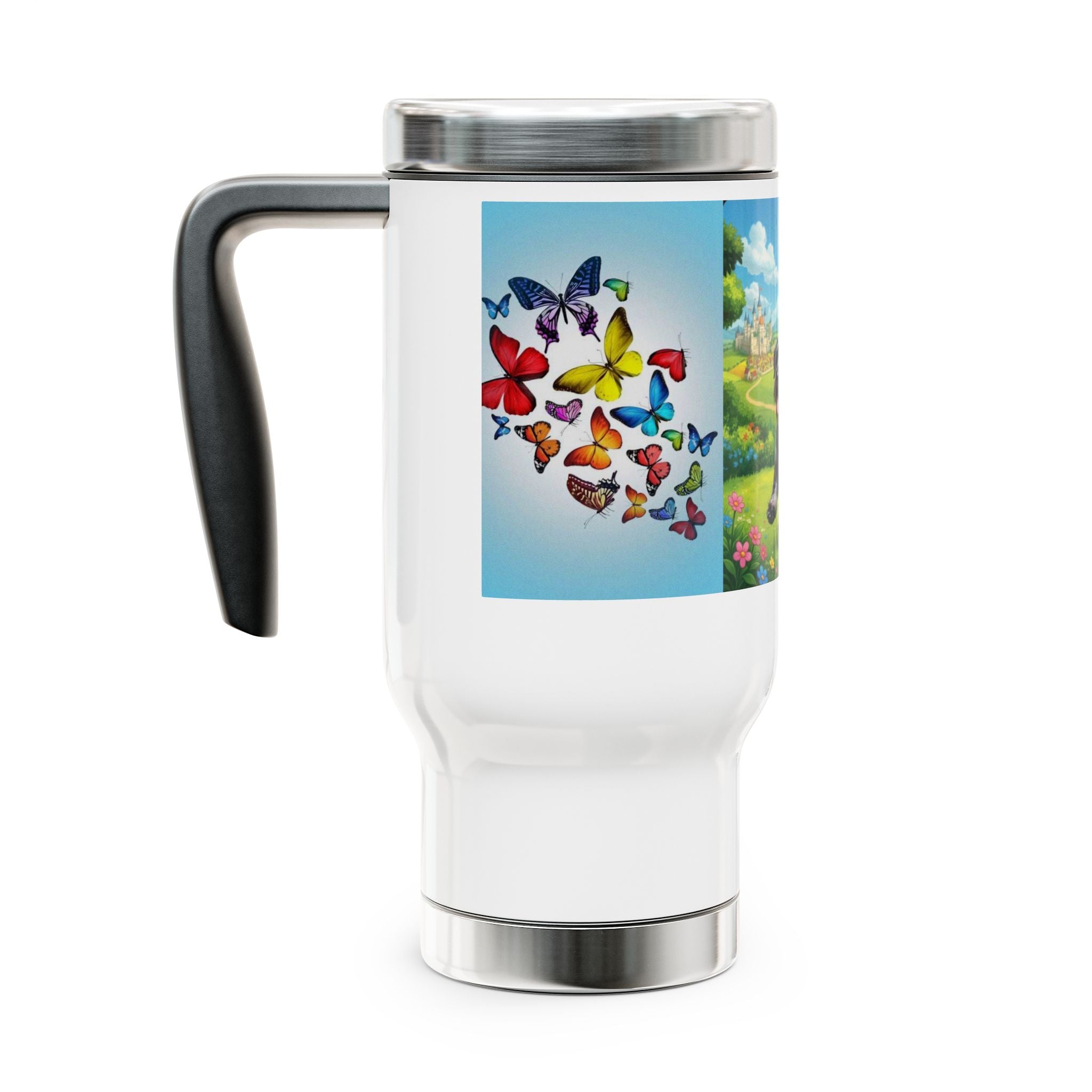 14oz Stainless Steel Travel Mug with Handle – Cute Black Dog & Colorful Butterflies Design