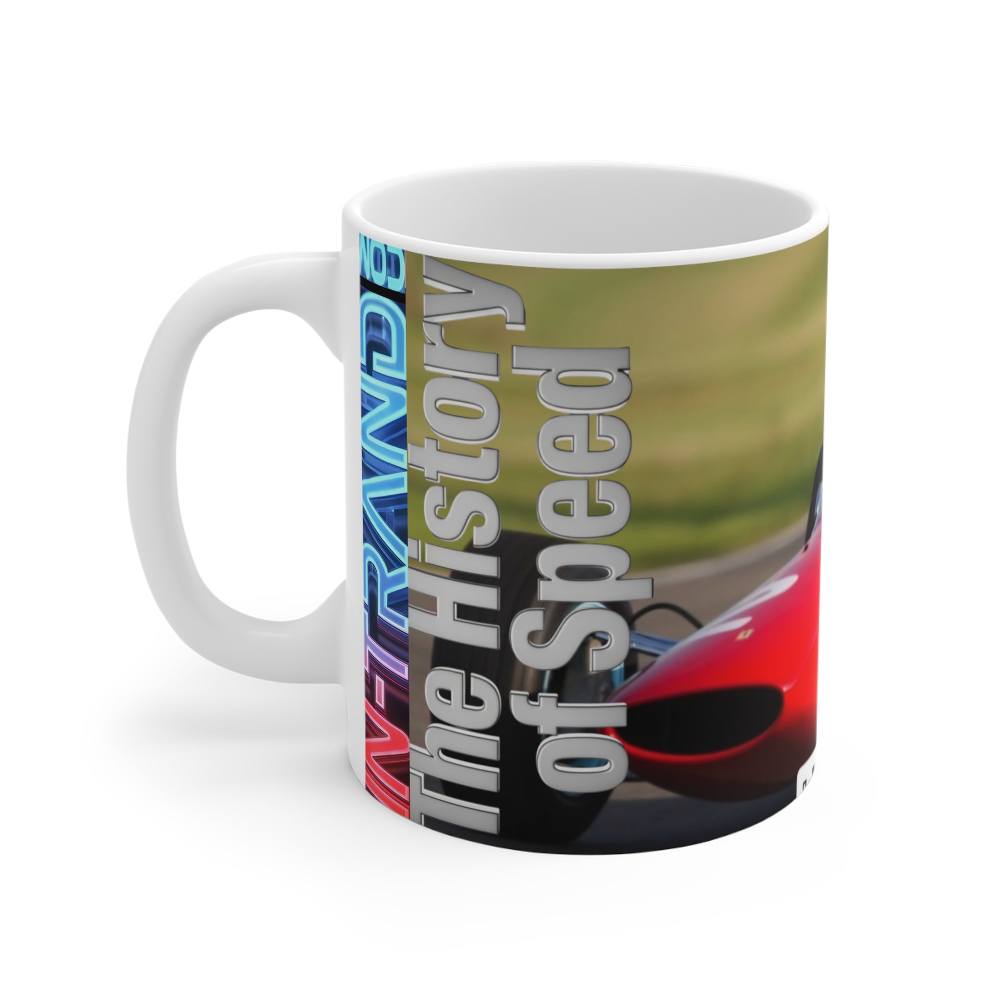Racing History of Speed Mug — Vintage Red Racecar 11oz Coffee Cup
