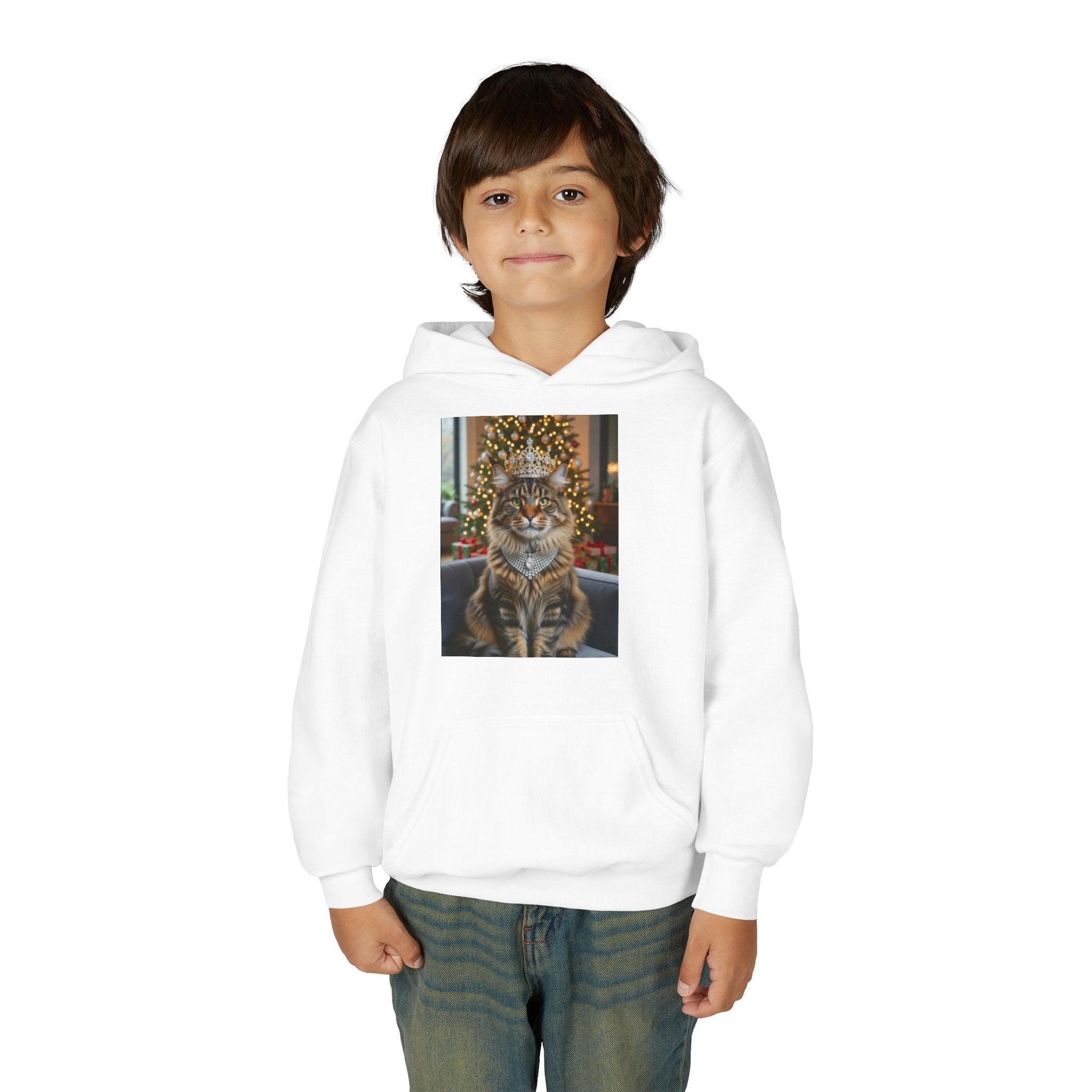 Youth Hoodie — Regal Tabby Cat Christmas Portrait