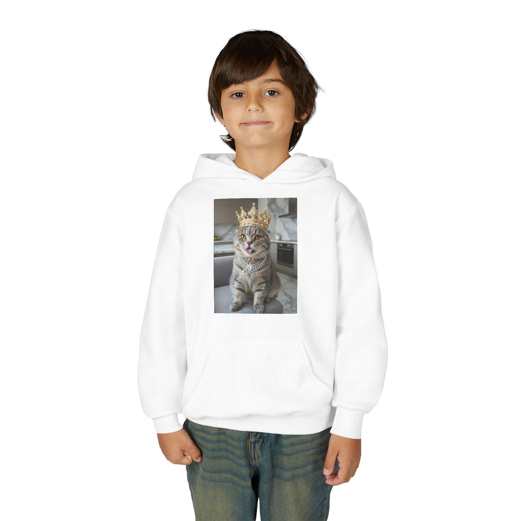 Youth Cat Crown Hoodie — Royal Kitty Graphic Sweatshirt for Kids