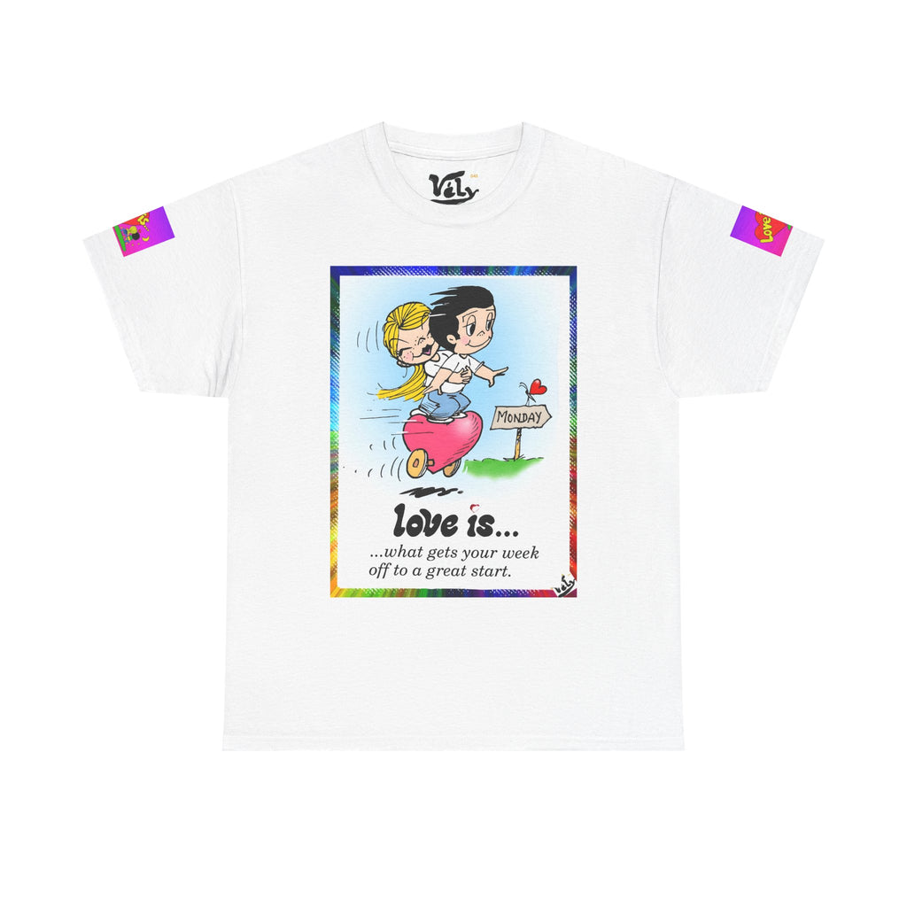 愛とは…レトロ漫画カップルTシャツ — 「愛とは…あなたの一週間を素晴らしいスタートにしてくれるもの」 