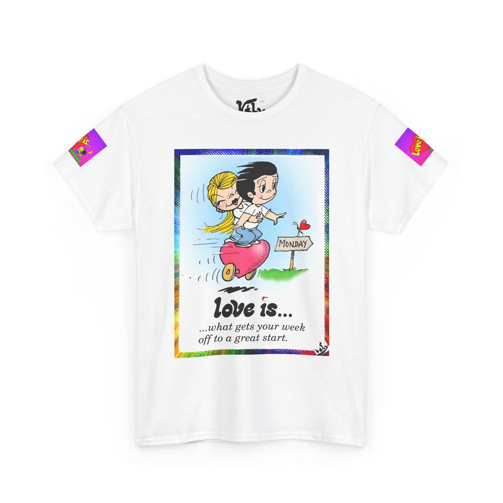 愛とは…レトロ漫画カップルTシャツ — 「愛とは…あなたの一週間を素晴らしいスタートにしてくれるもの」 
