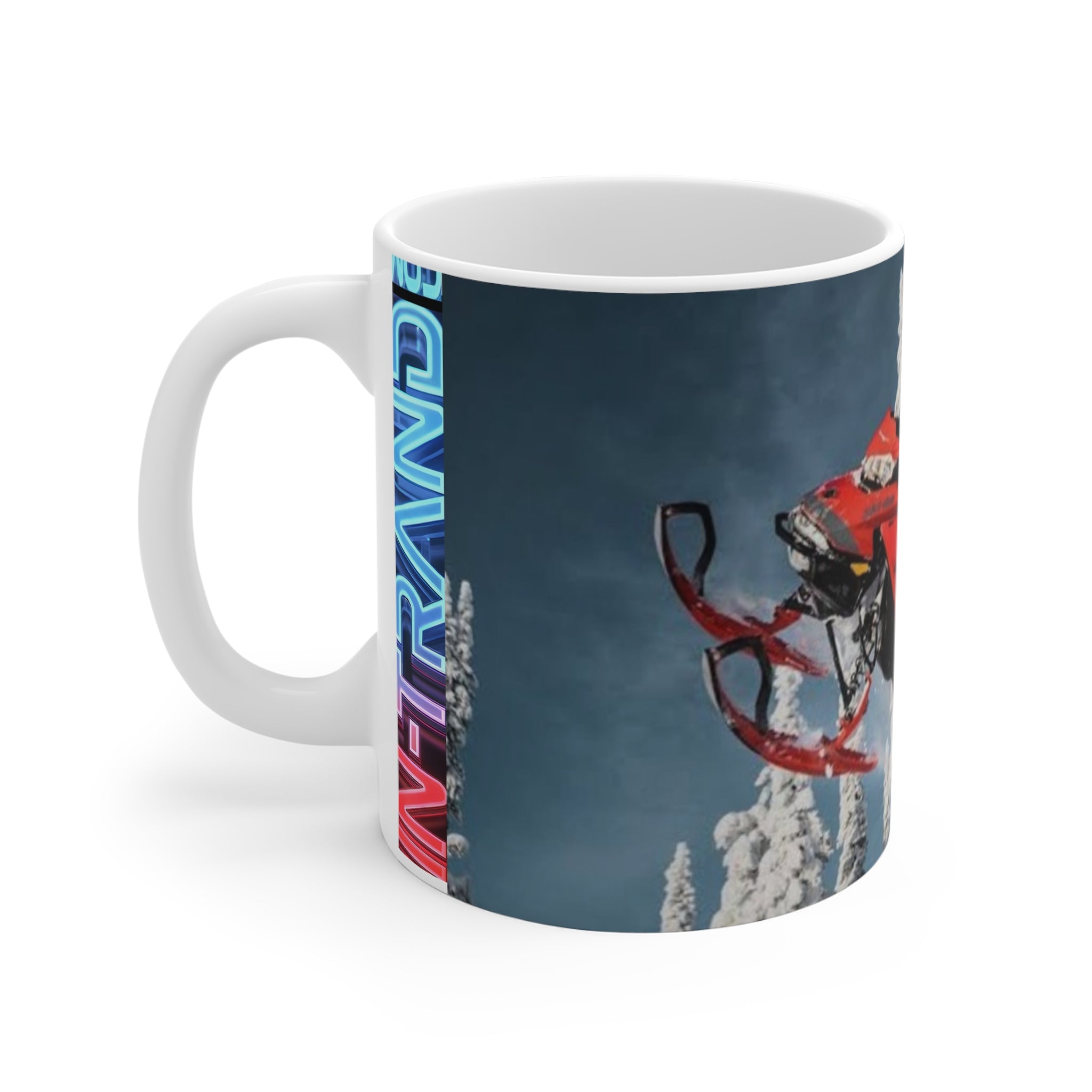 Snowmobile Adventure Mug – Red Snowmobile in Winter Landscape