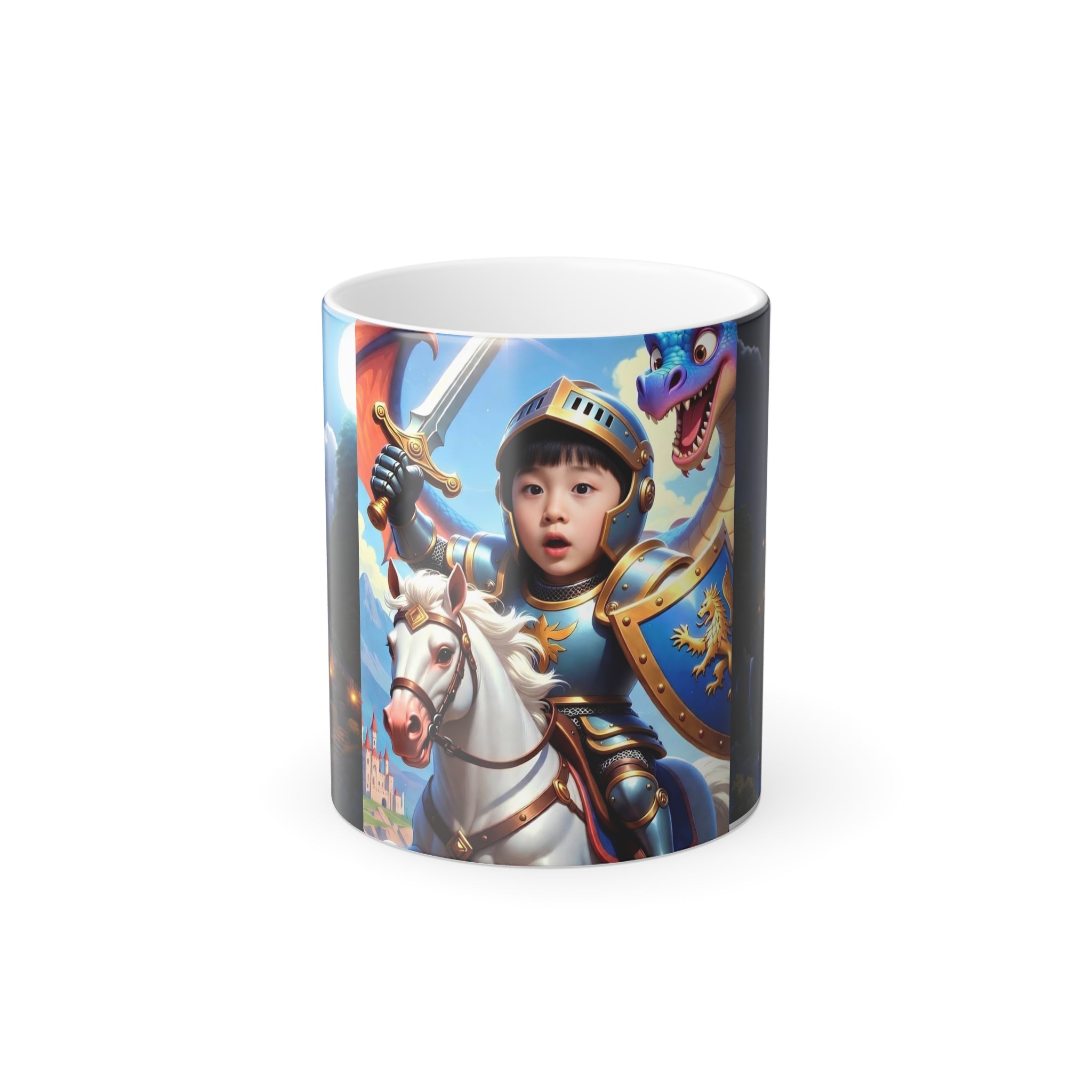 Personalized Color-Morphing Mug — Knight Child Portrait with Castle & Dragon, 11oz
