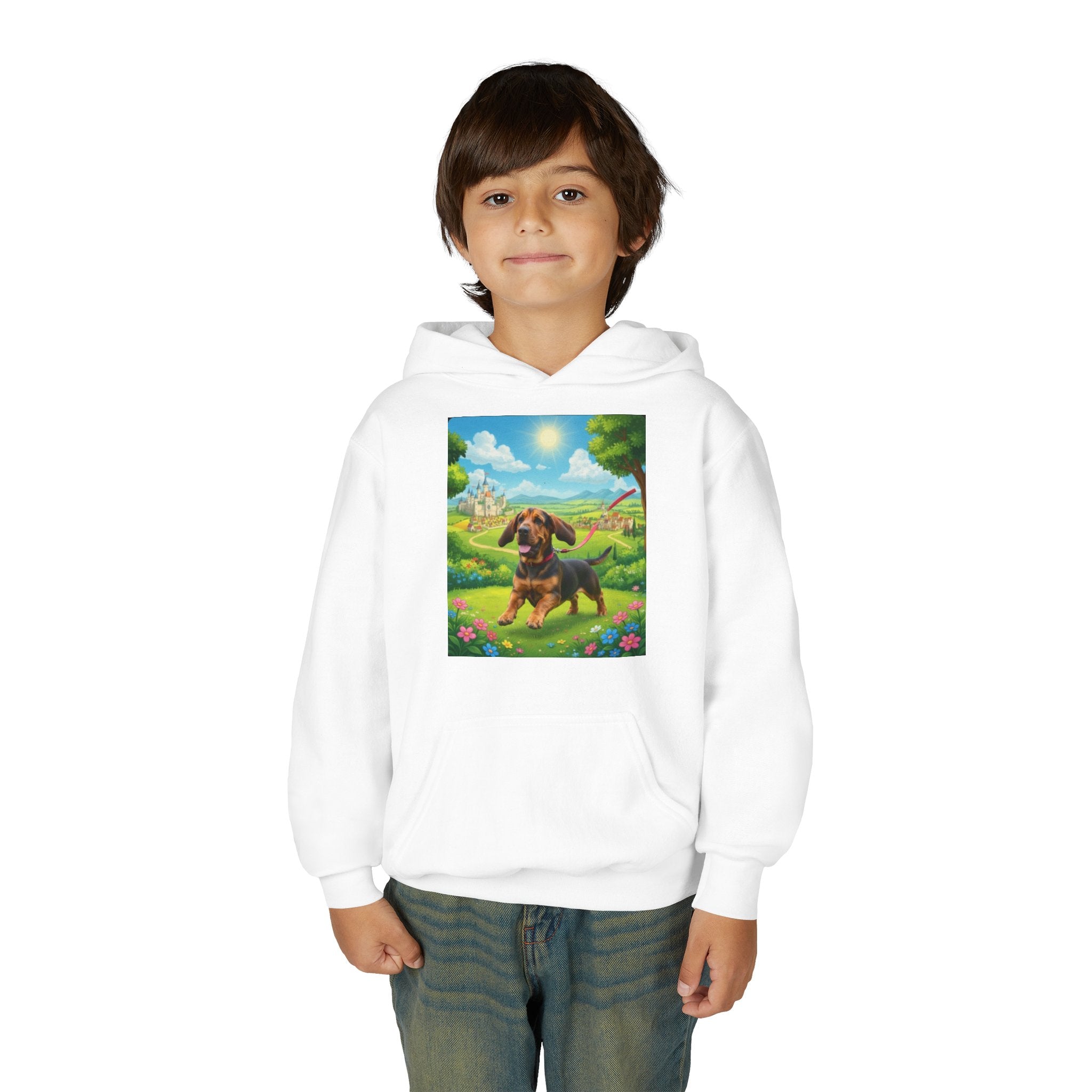 Youth Hoodie — Cute Dachshund Puppy in Sunny Countryside Print