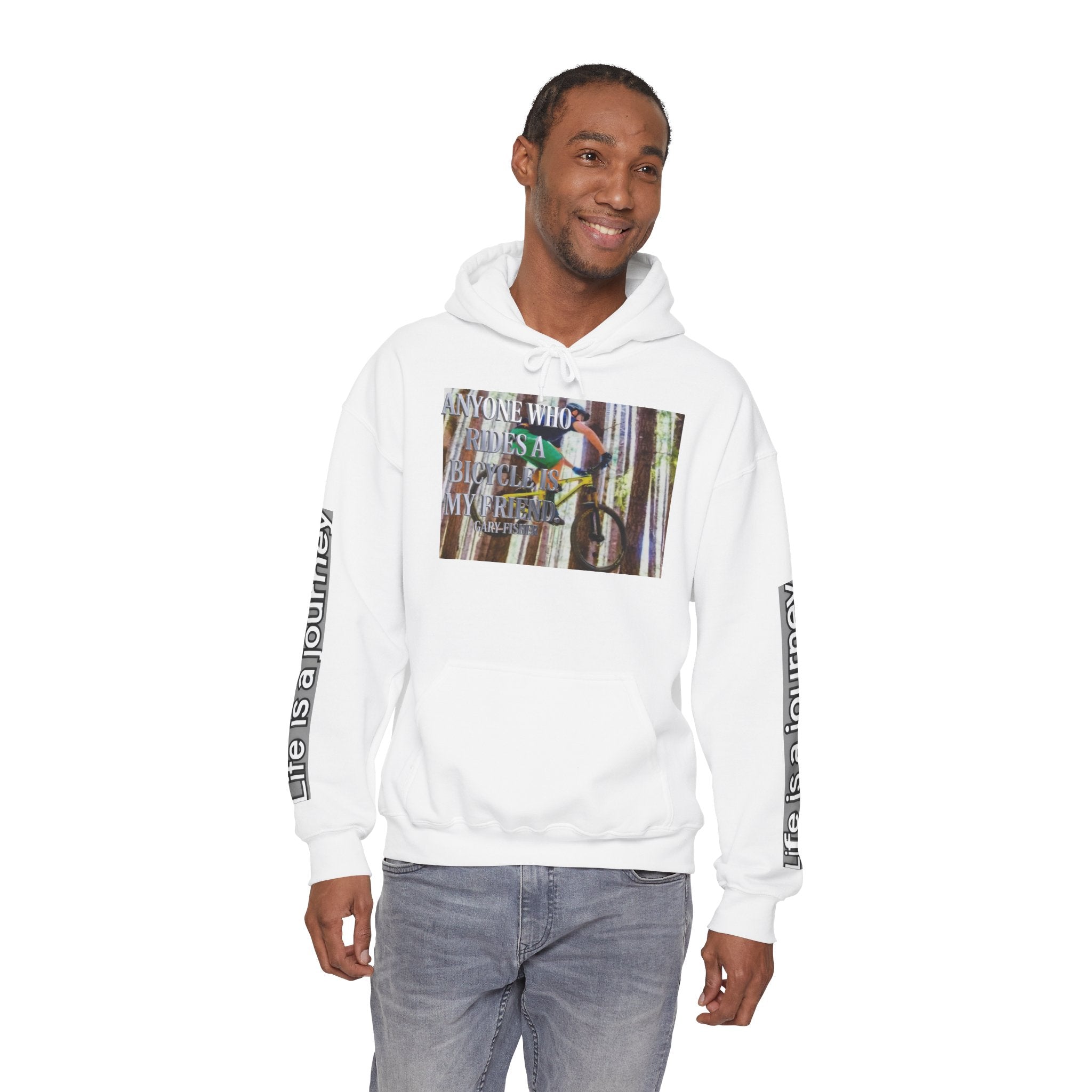 Mountain Biking Hoodie — “Anyone Who Rides a Bicycle Is a Friend” Graphic Sweatshirt