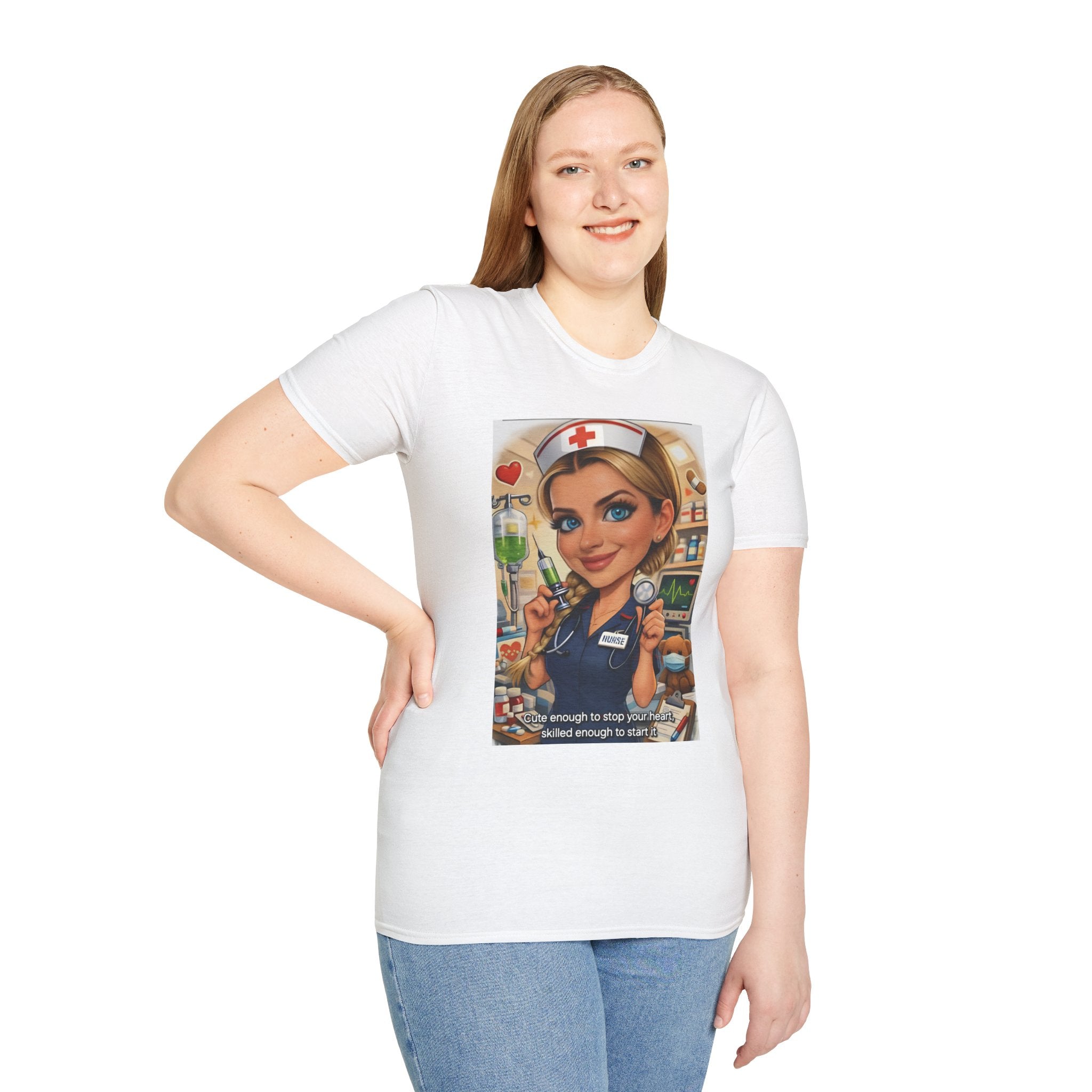 Nurse Cartoon T-Shirt — Cute Retro Nurse Graphic Tee (Includes 'You're Enough to Stop Your Heart' Text)