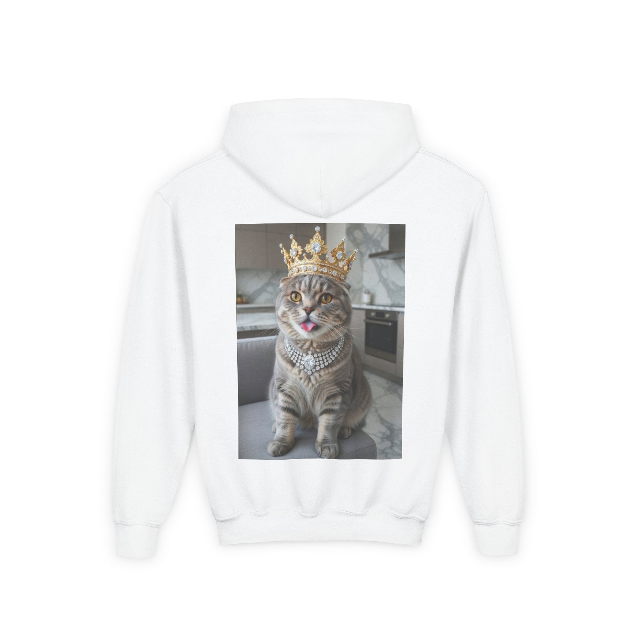 Youth Cat Crown Hoodie — Royal Kitty Graphic Sweatshirt for Kids