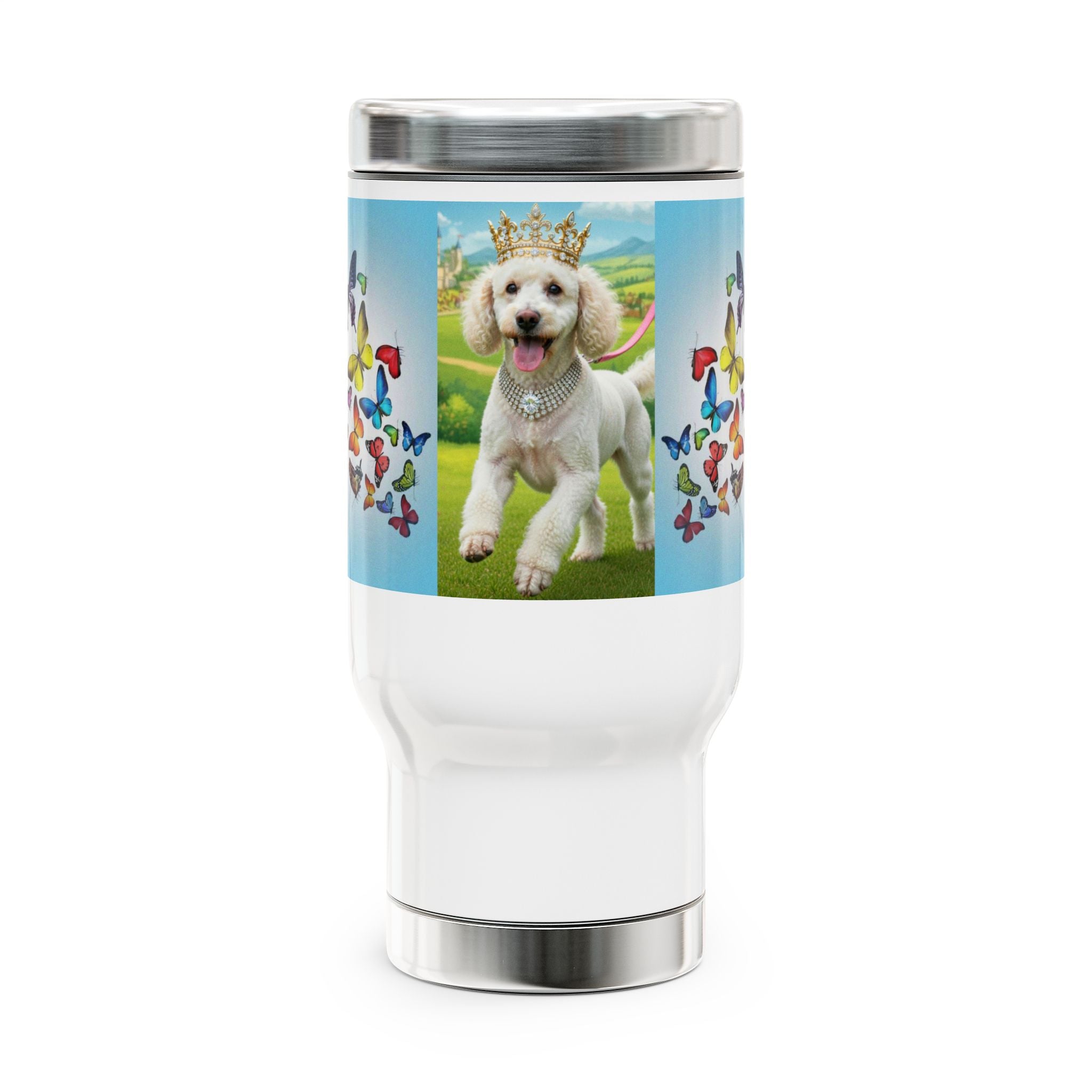 Dog Crown Travel Mug – 14oz Stainless Steel Tumbler with Butterfly Design