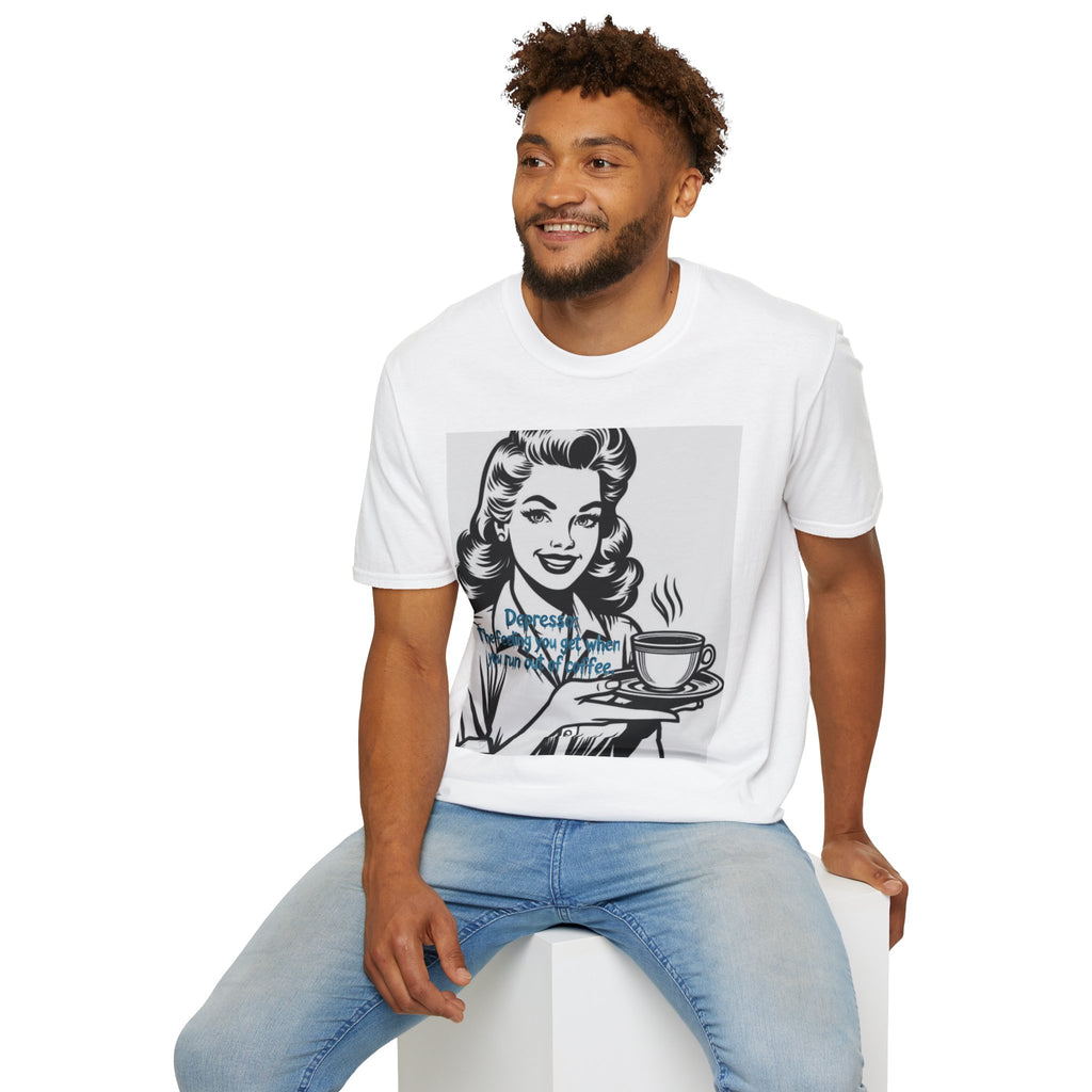 Retro Coffee Tee — 'Depressed? Try Coffee' Vintage Pop Art T-Shirt