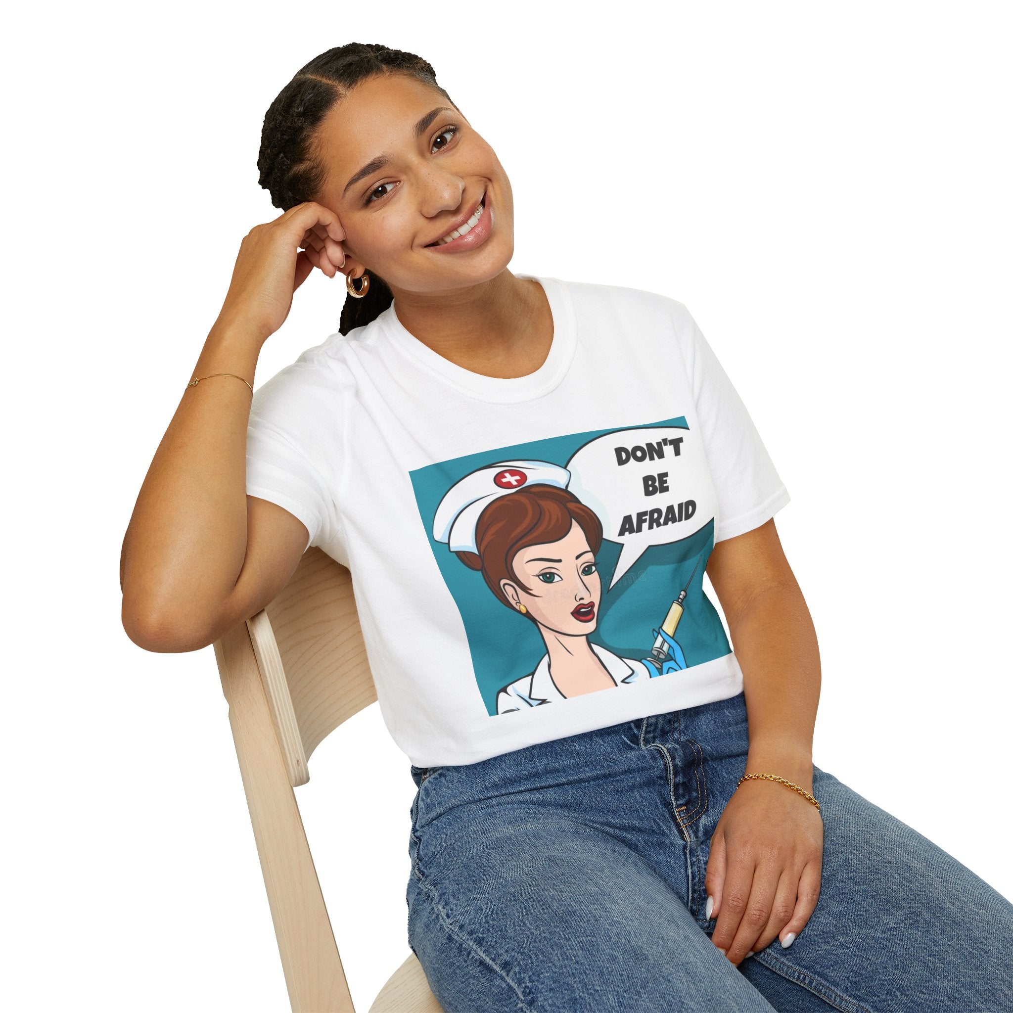 Nurse Illustration T-Shirt – "Don't Be Afraid" Retro Pop Art Medical Tee