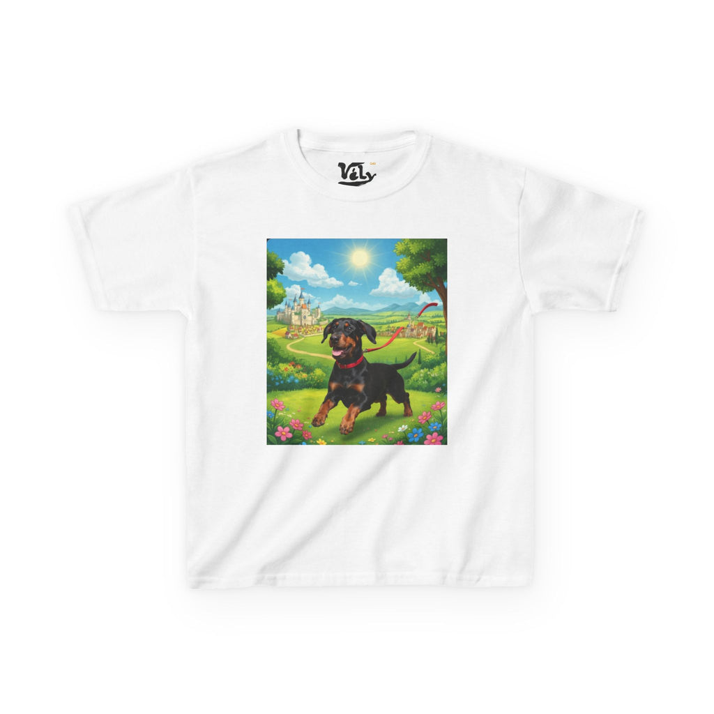 Kids Tee — Cute Rottweiler Puppy in Sunny Fantasy Meadow