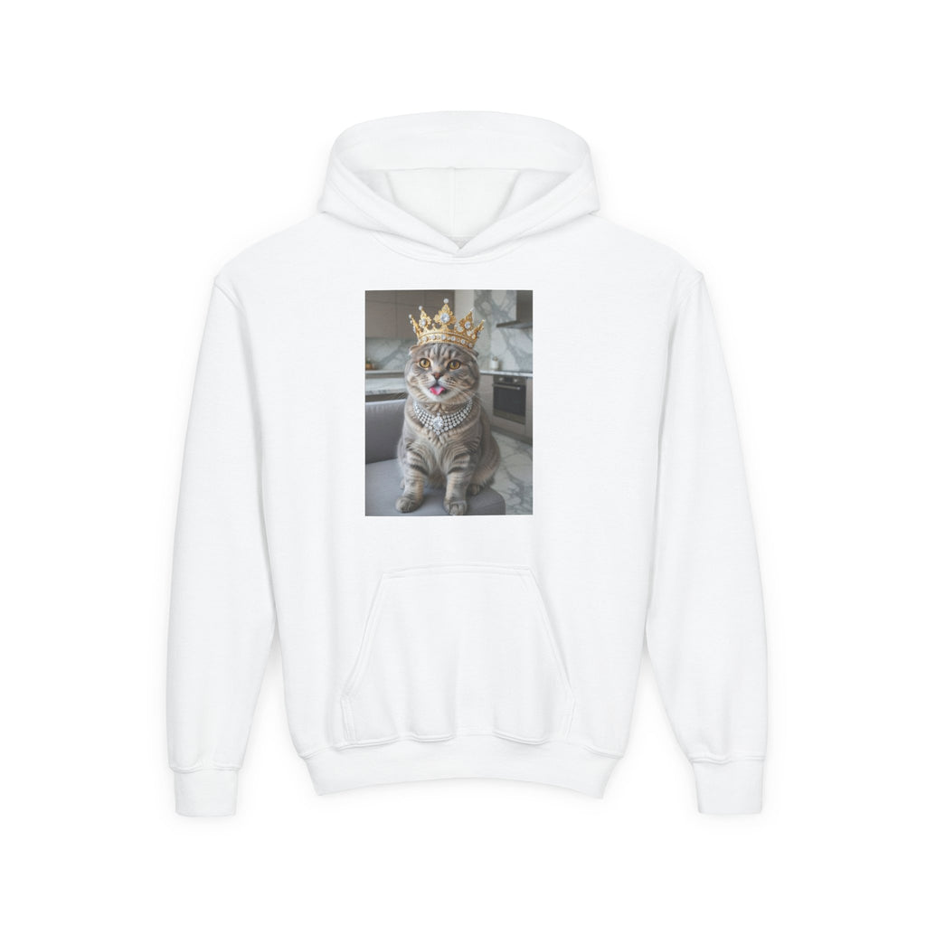 Youth Cat Crown Hoodie — Royal Kitty Graphic Sweatshirt for Kids
