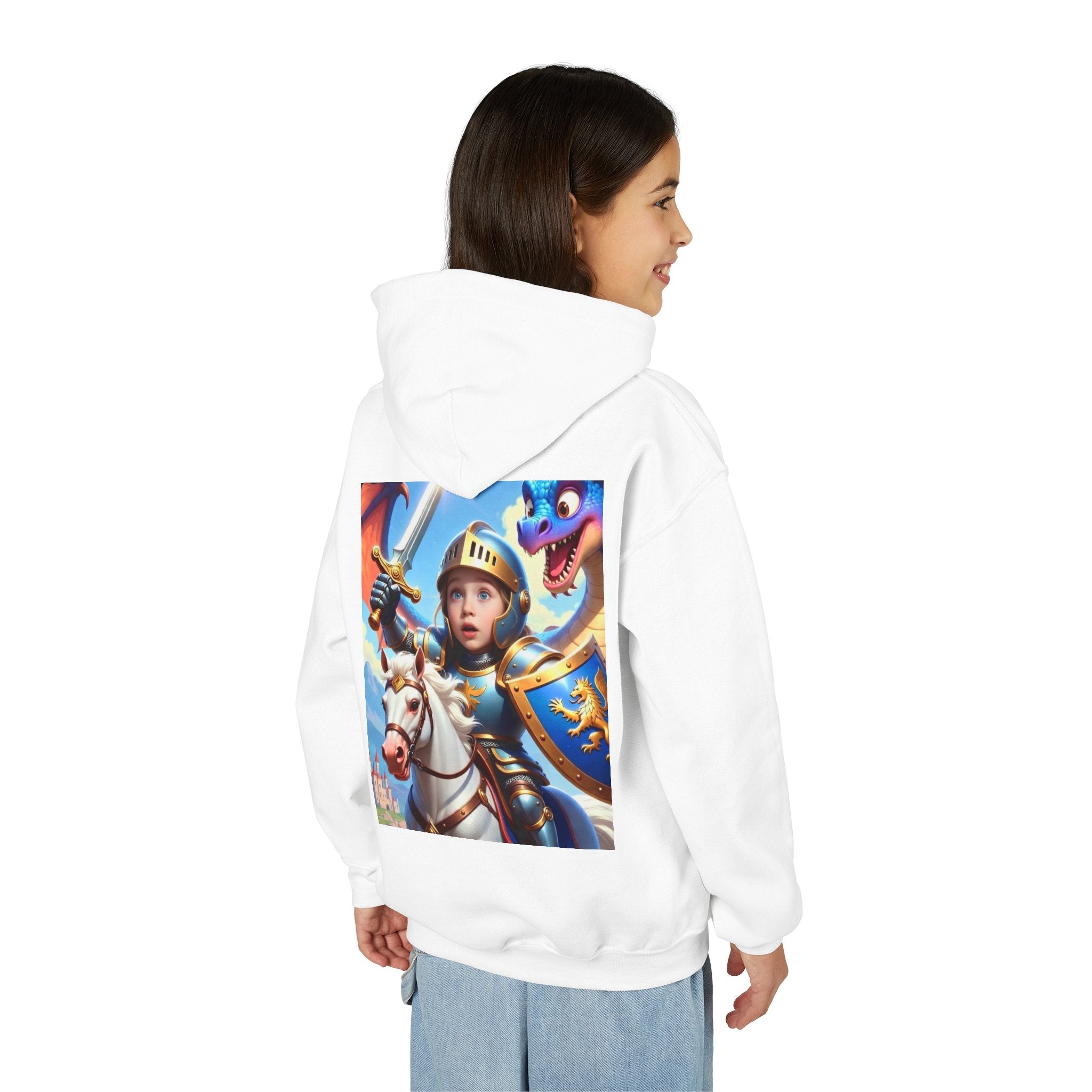 Youth Knight Hoodie — Brave Young Knight on Horseback with Dragon Artwork