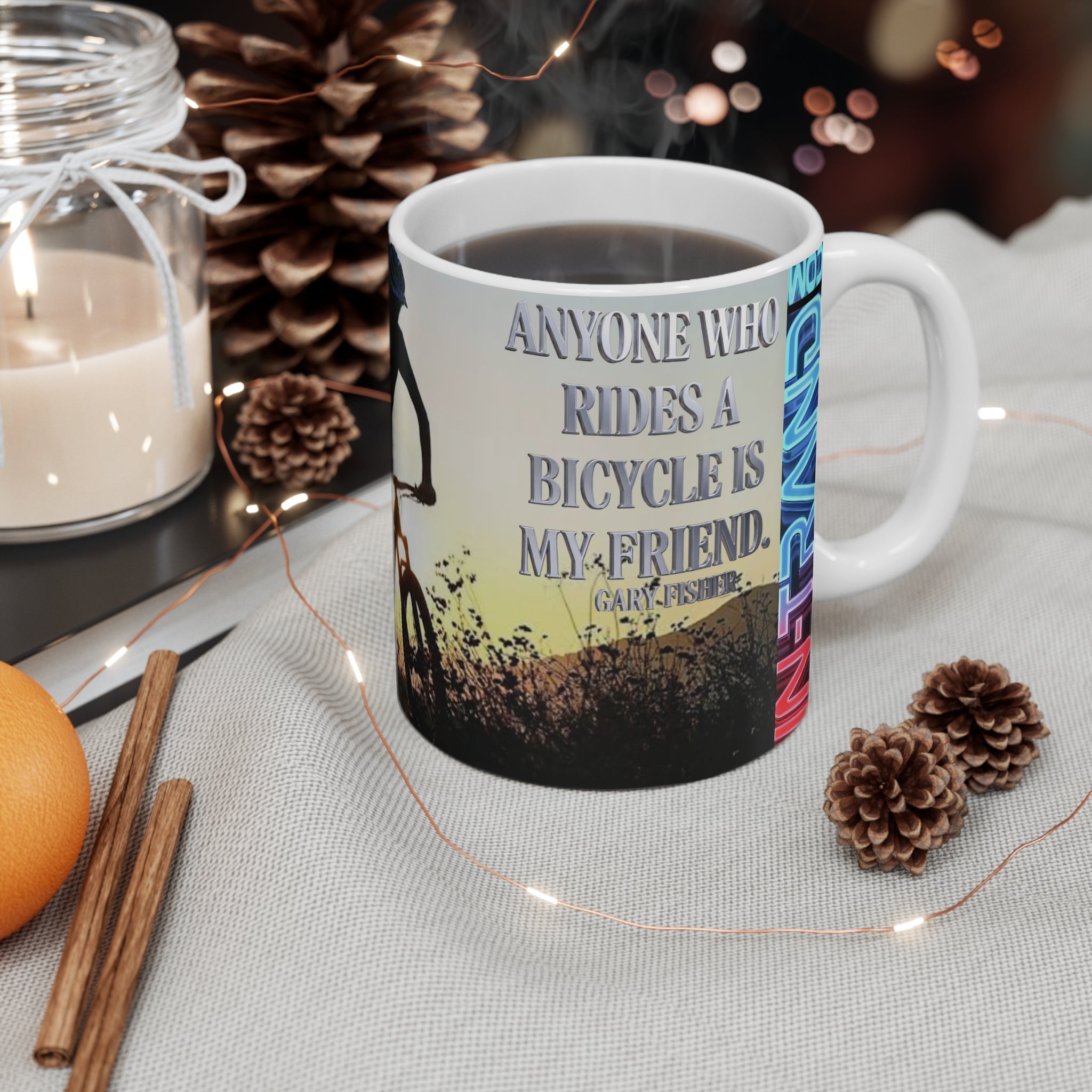 Bicycle Mug – “Anyone Who Rides a Bicycle Is My Friend” Sunrise Cycling Coffee Cup
