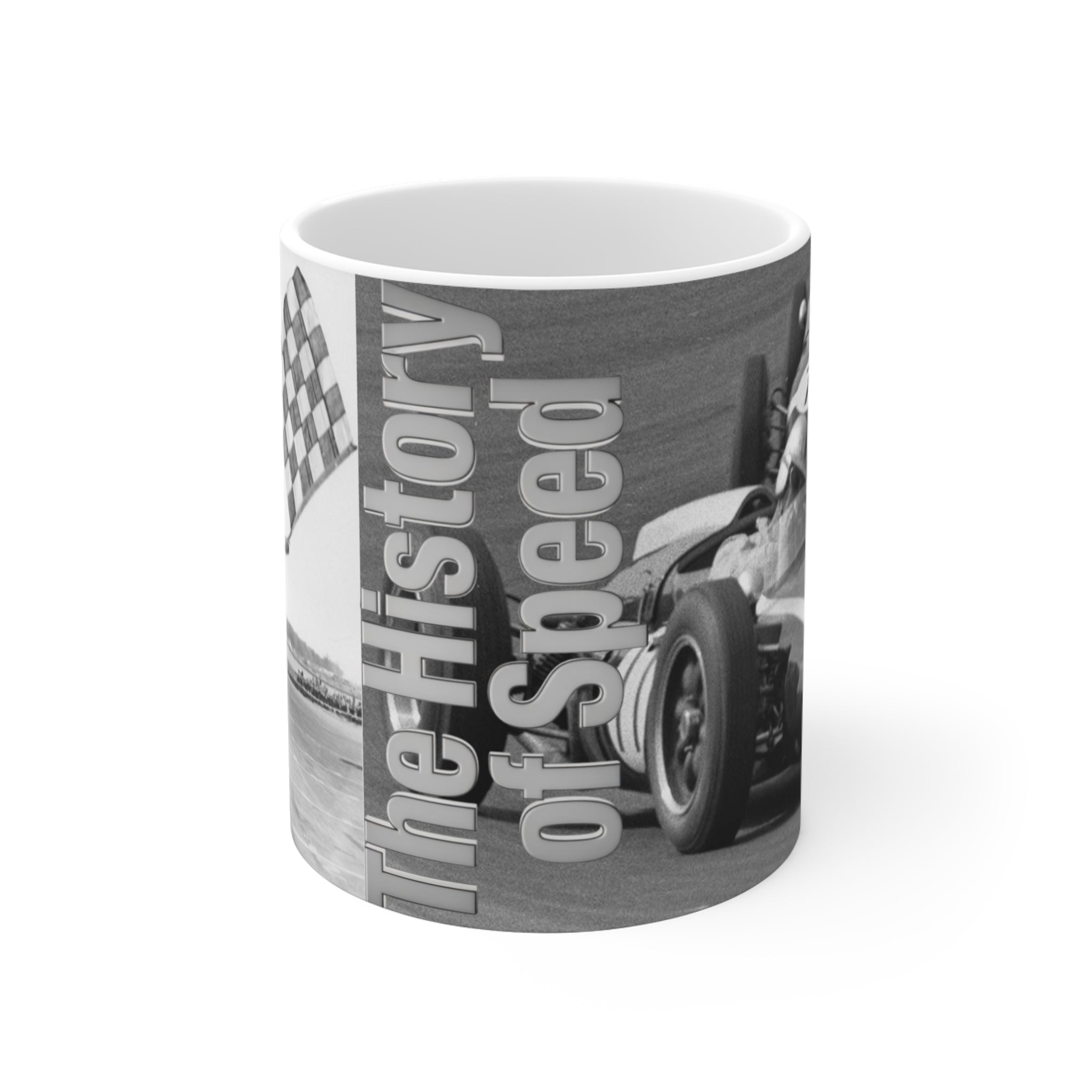 Racing History 11oz Coffee Mug — 'The History of Speed' Vintage Race Flag Design
