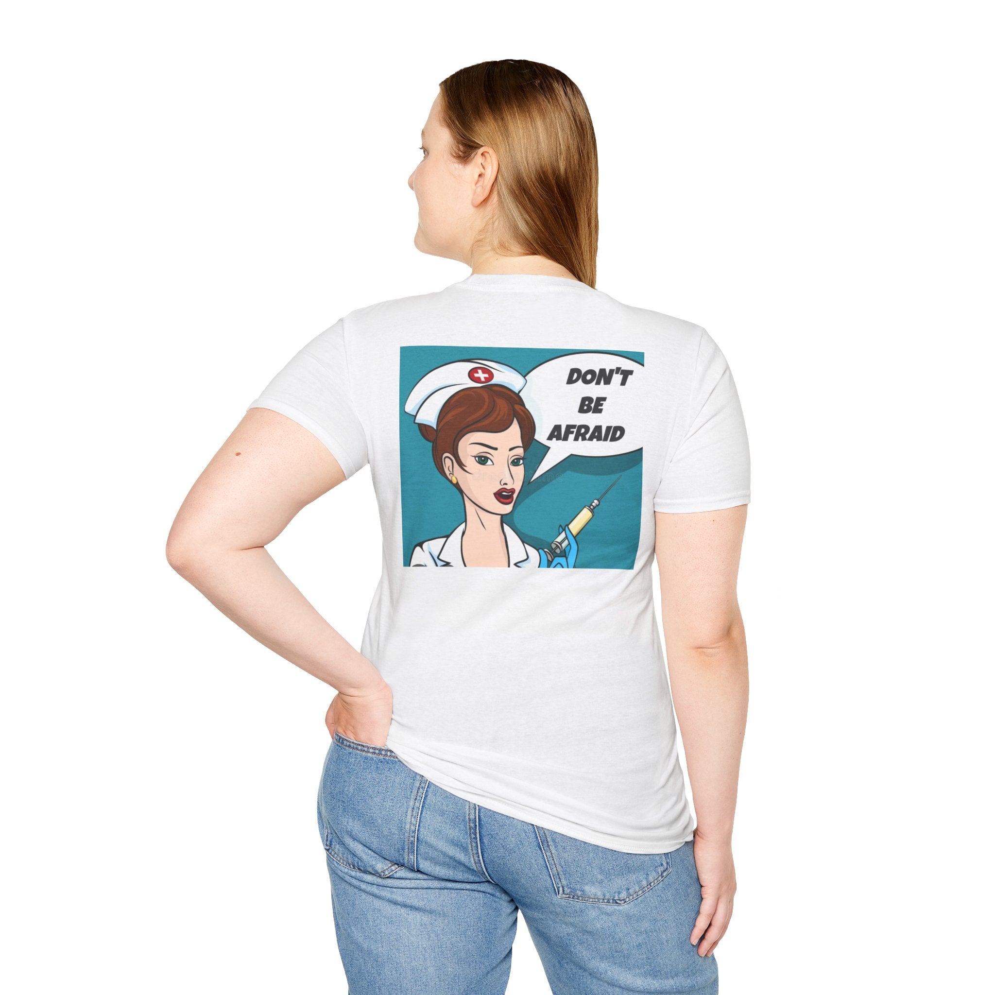 Nurse Illustration T-Shirt – "Don't Be Afraid" Retro Pop Art Medical Tee