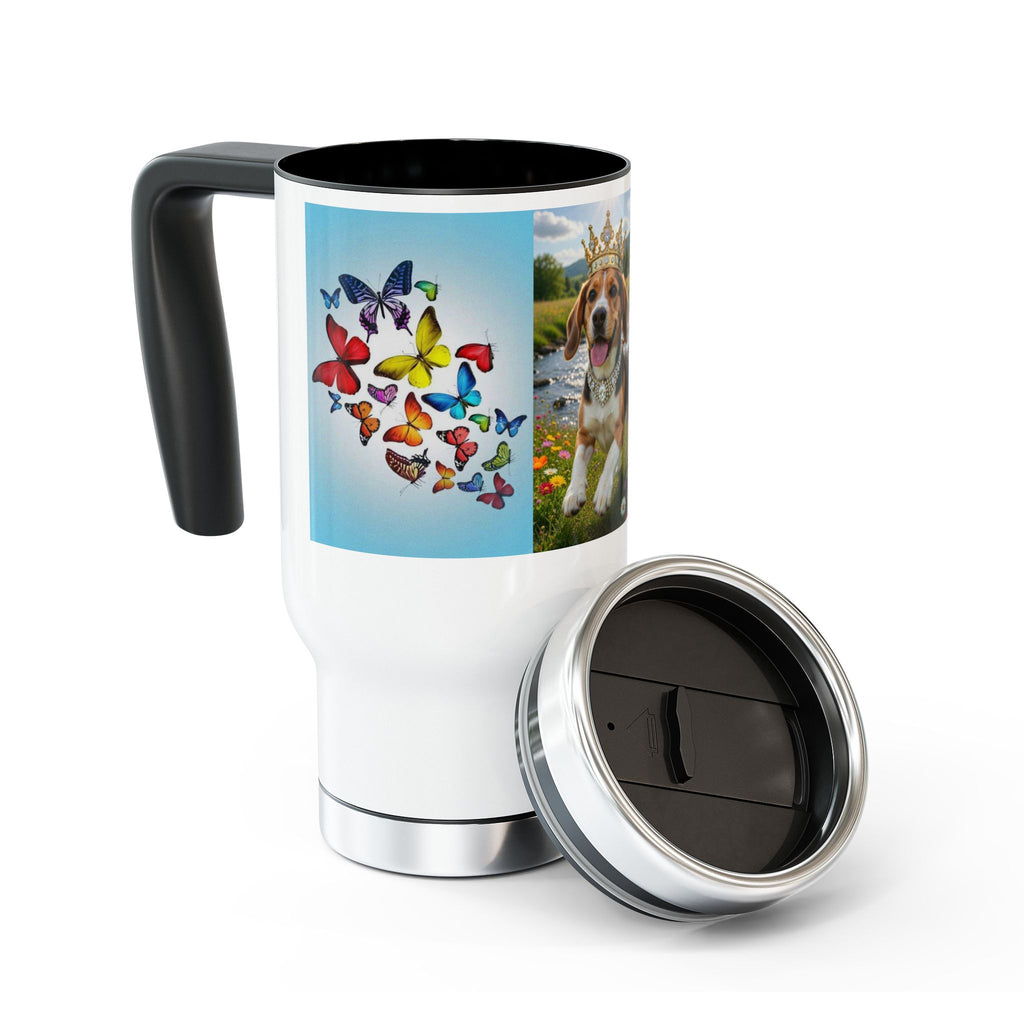 Crowned Beagle Travel Mug — 14oz Stainless Steel Tumbler with Handle, Butterfly Garden Design