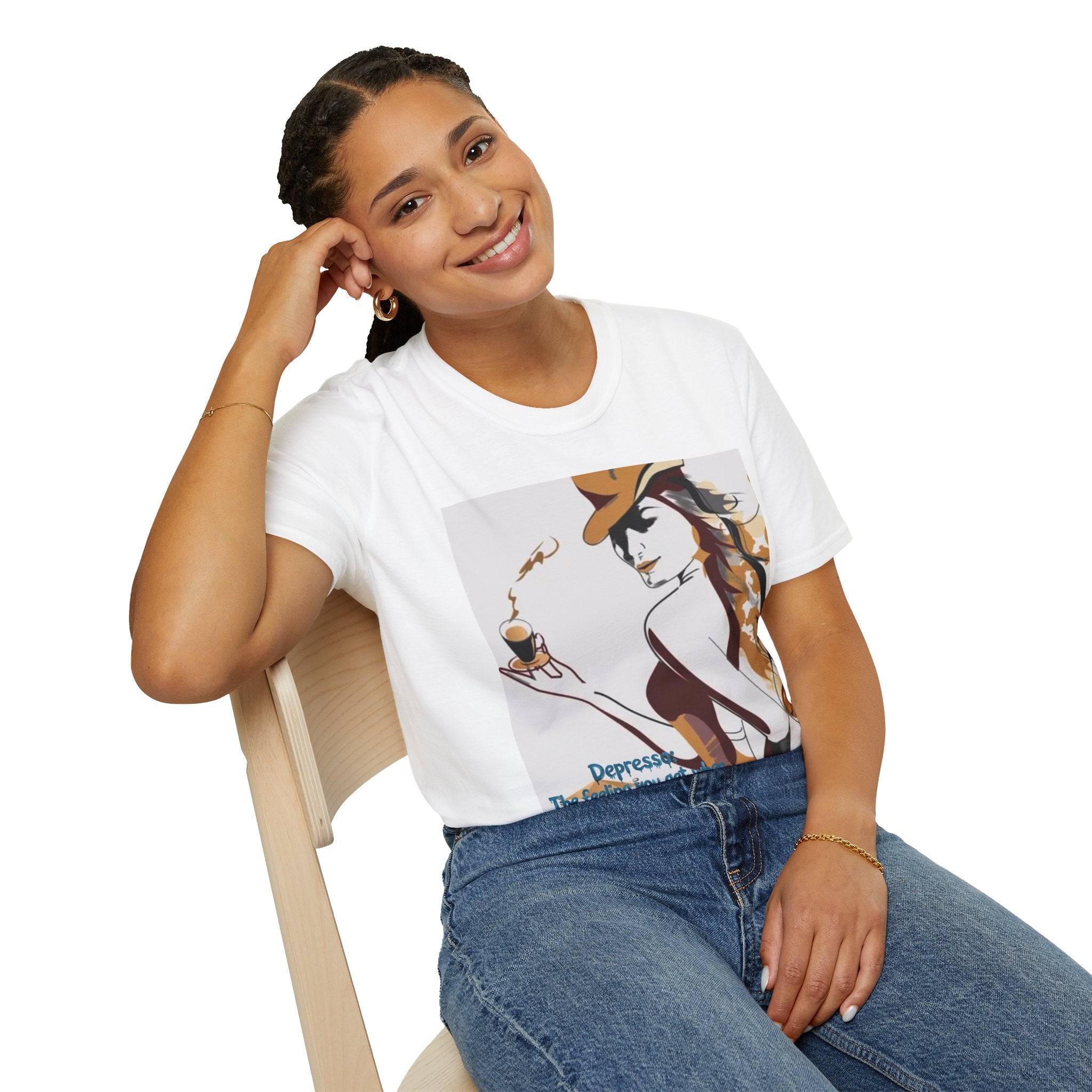 T-Shirt — Retro Cowgirl Coffee Tee (“Depressed: The feeling you get when you run out of coffee”)