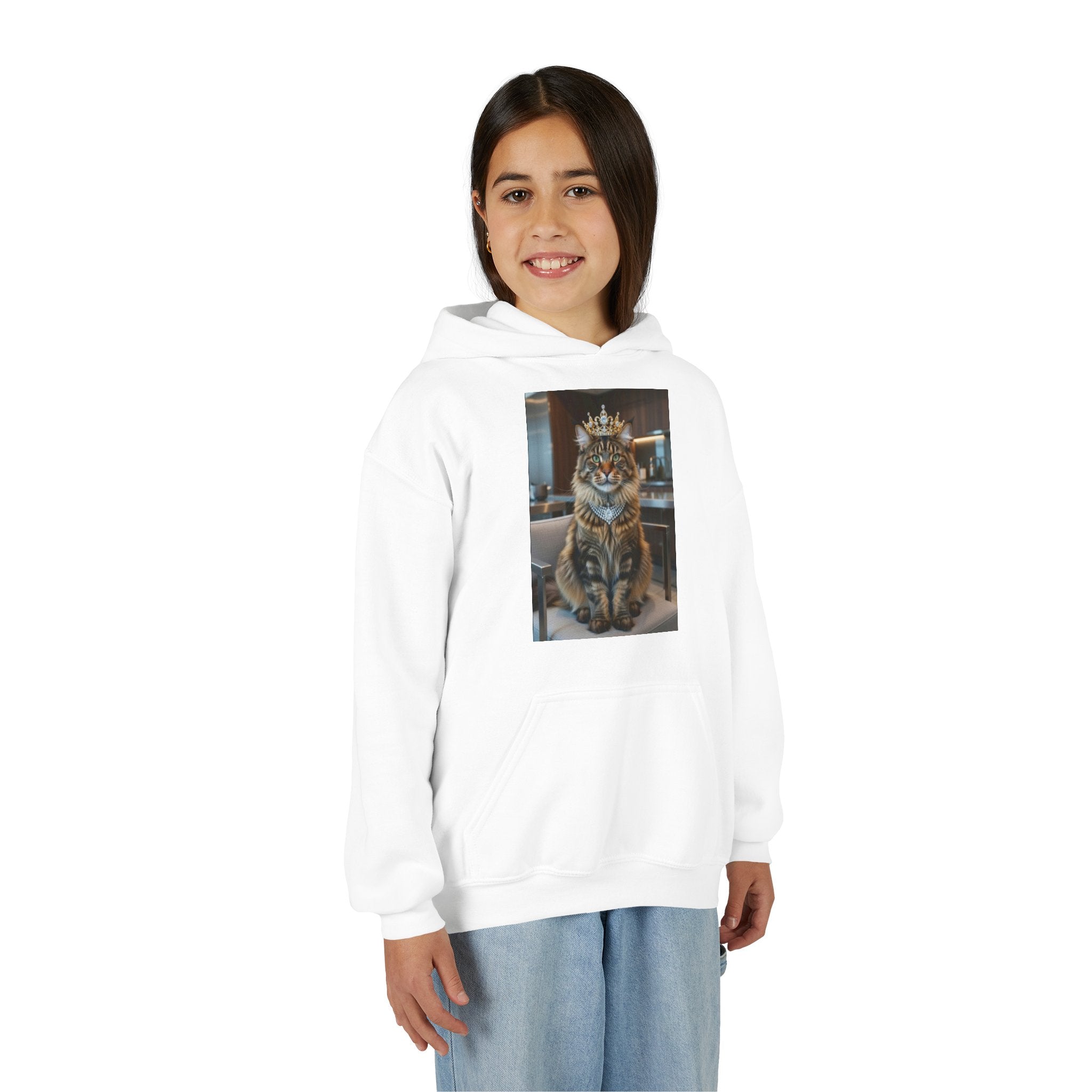 Youth Cat King Hoodie — Regal Crowned Tabby Graphic Sweatshirt