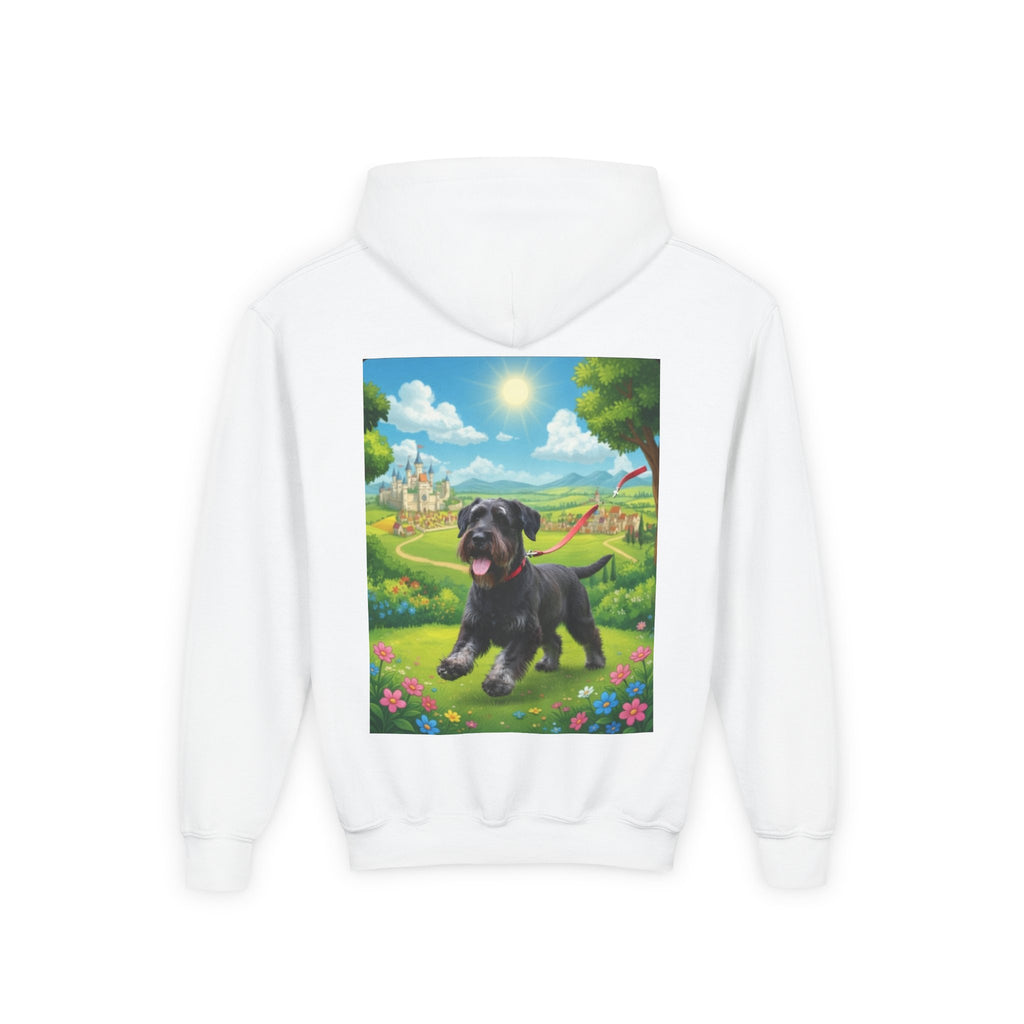 Youth Hoodie — Cute Black Puppy in Sunny Meadow Kids Sweatshirt