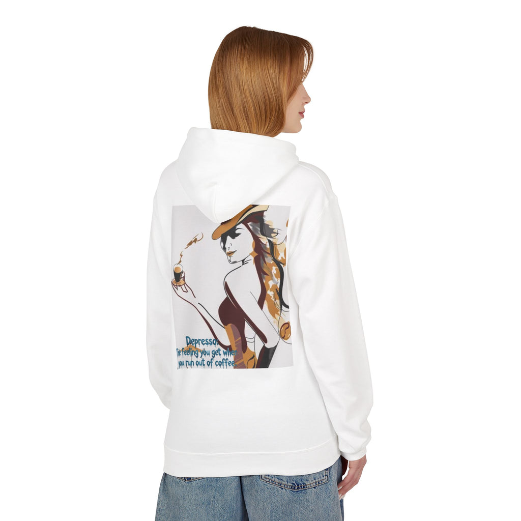 Coffee Lover Hoodie — Vintage Pinup Art with 'Depression is the Feeling You Get When You Run Out of Coffee' Quote