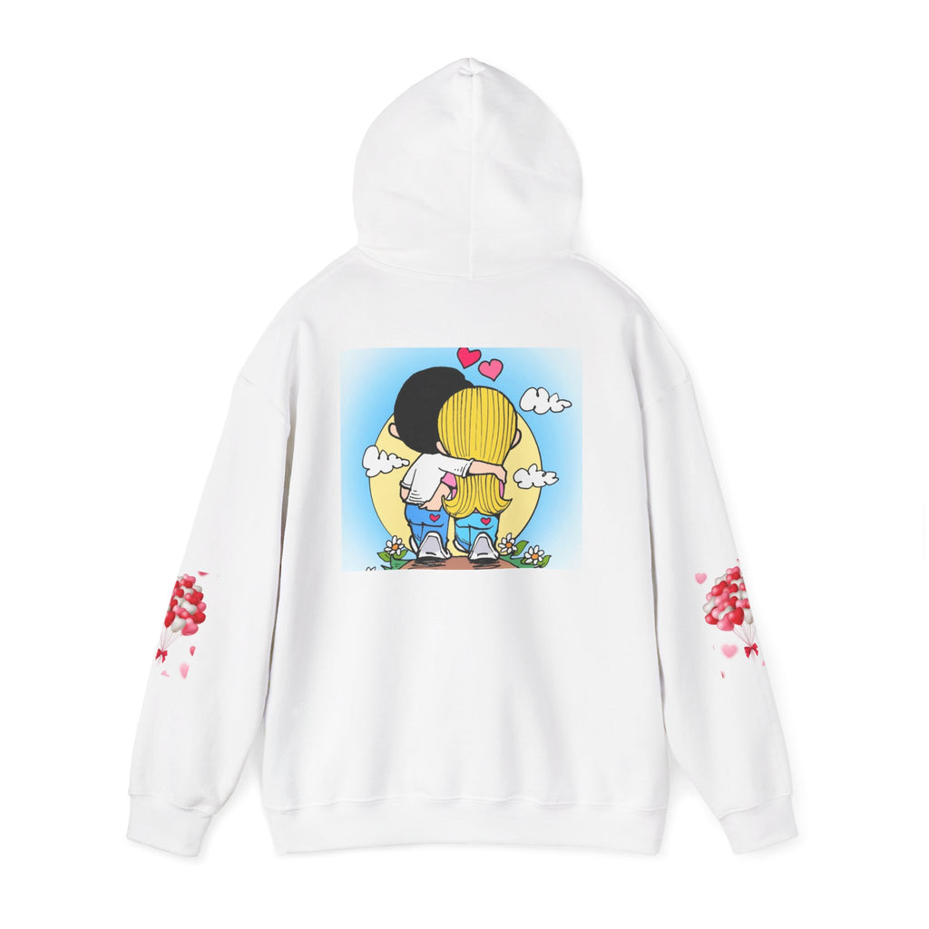 HOODIE LOVE IS...  Cute Couples Hoodie - Kawaii Embrace Illustration with 'Love' Sleeve Accents