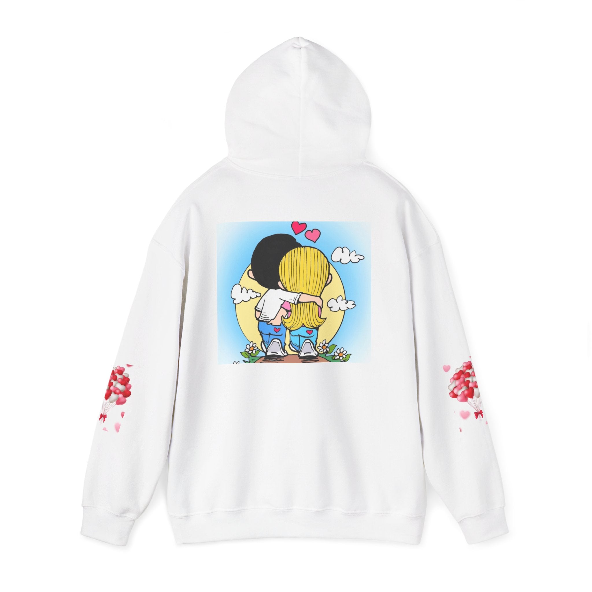 HOODIE LOVE IS...  Cute Couples Hoodie - Kawaii Embrace Illustration with 'Love' Sleeve Accents