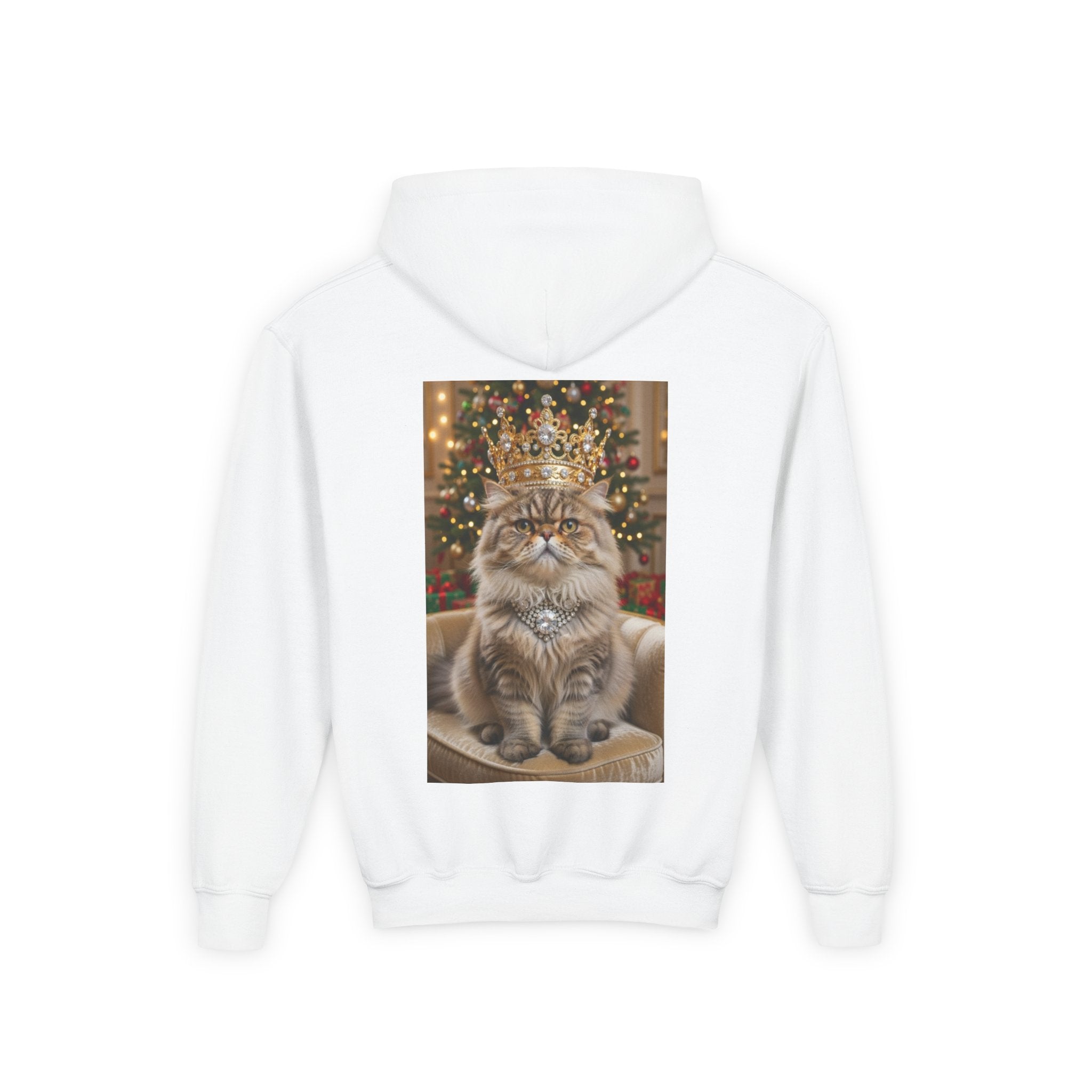 Christmas Cat Hoodie – Regal Tabby with Crown Holiday Kids Sweatshirt