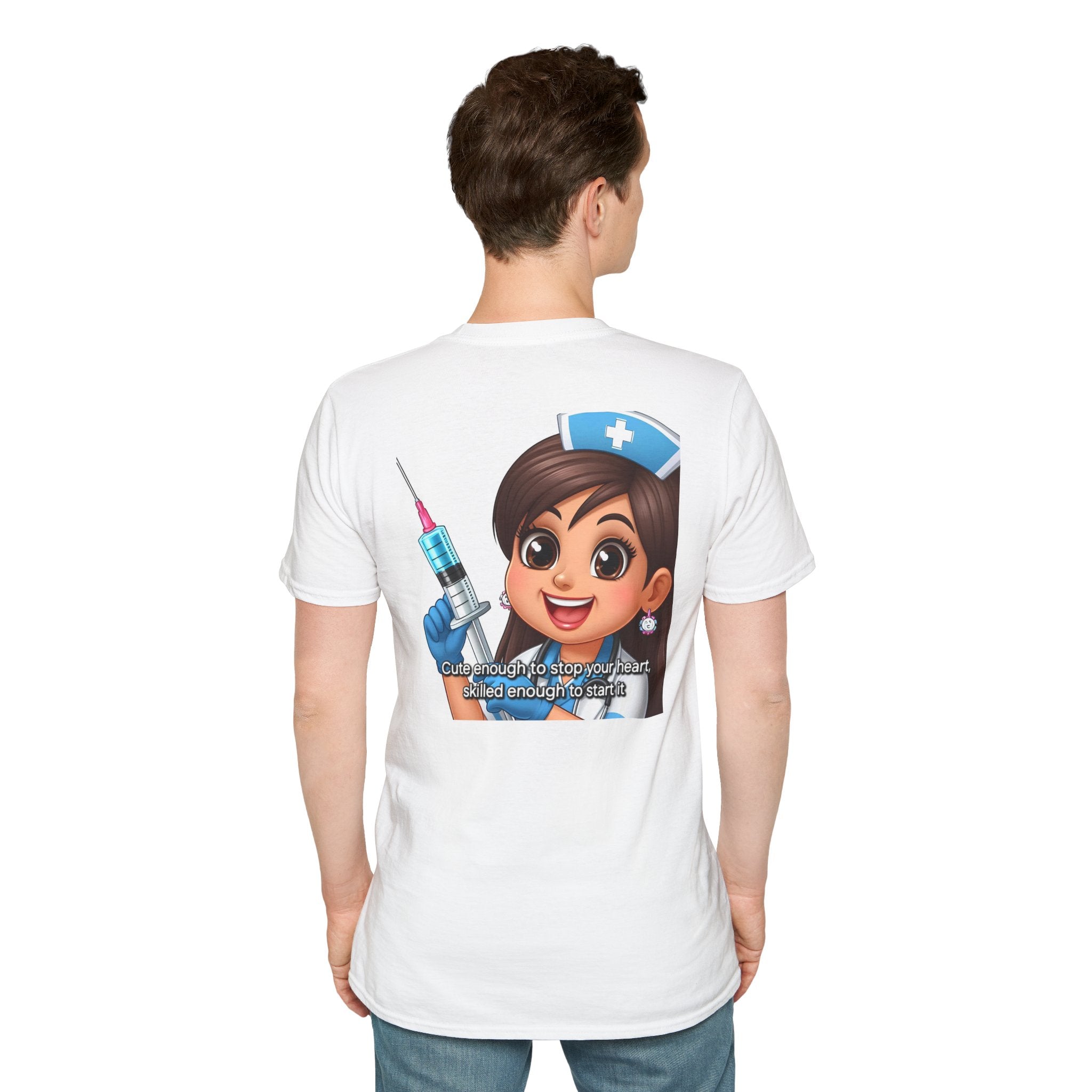 Nurse Cartoon Syringe T-Shirt — 'Cute Enough to Stop Your Heart, Skilled Enough to Start It'