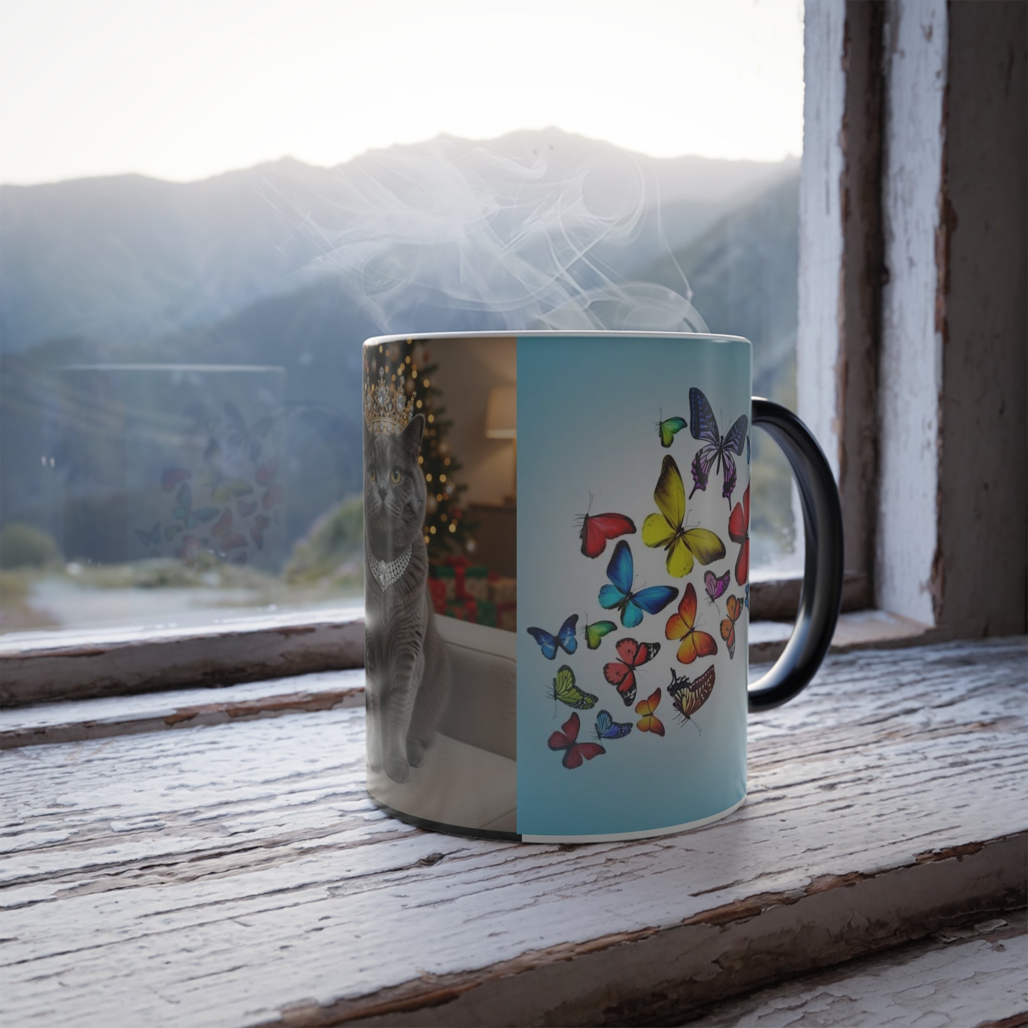 Color-Changing Mug — Royal Cat with Butterfly Accents (11oz)