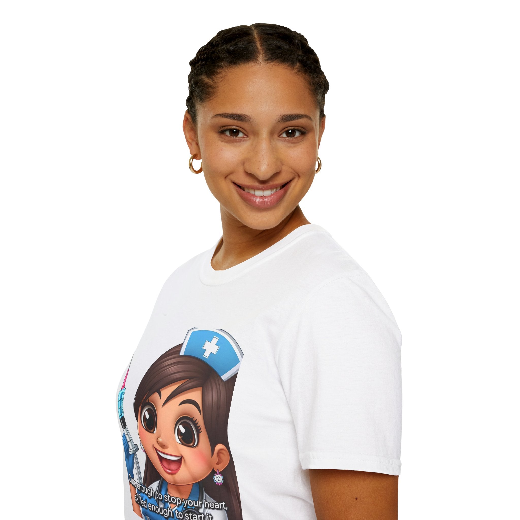 Nurse Cartoon Syringe T-Shirt — 'Cute Enough to Stop Your Heart, Skilled Enough to Start It'