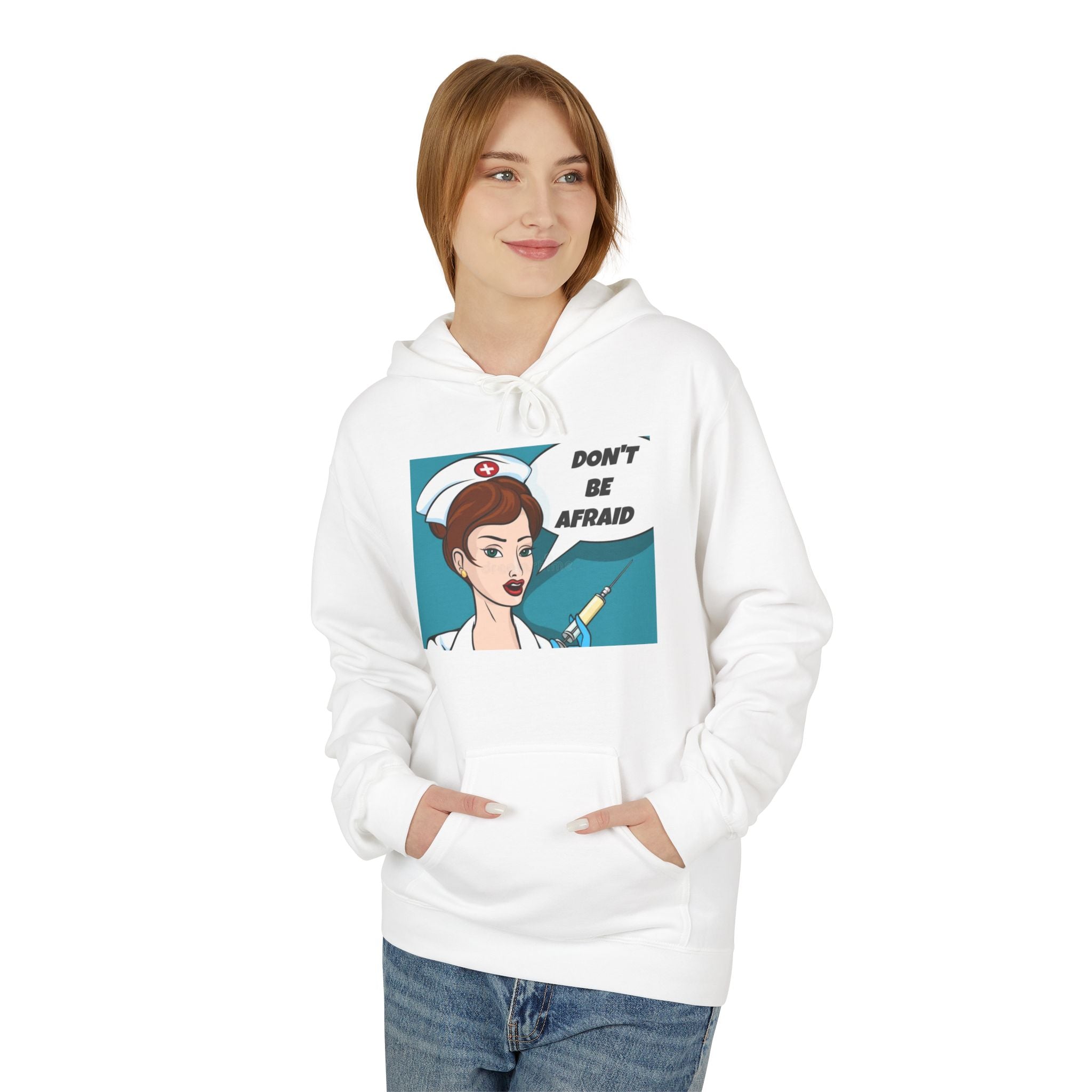 Nurse Pop Art Hoodie — "Don't Be Afraid" Retro Medical Crewneck