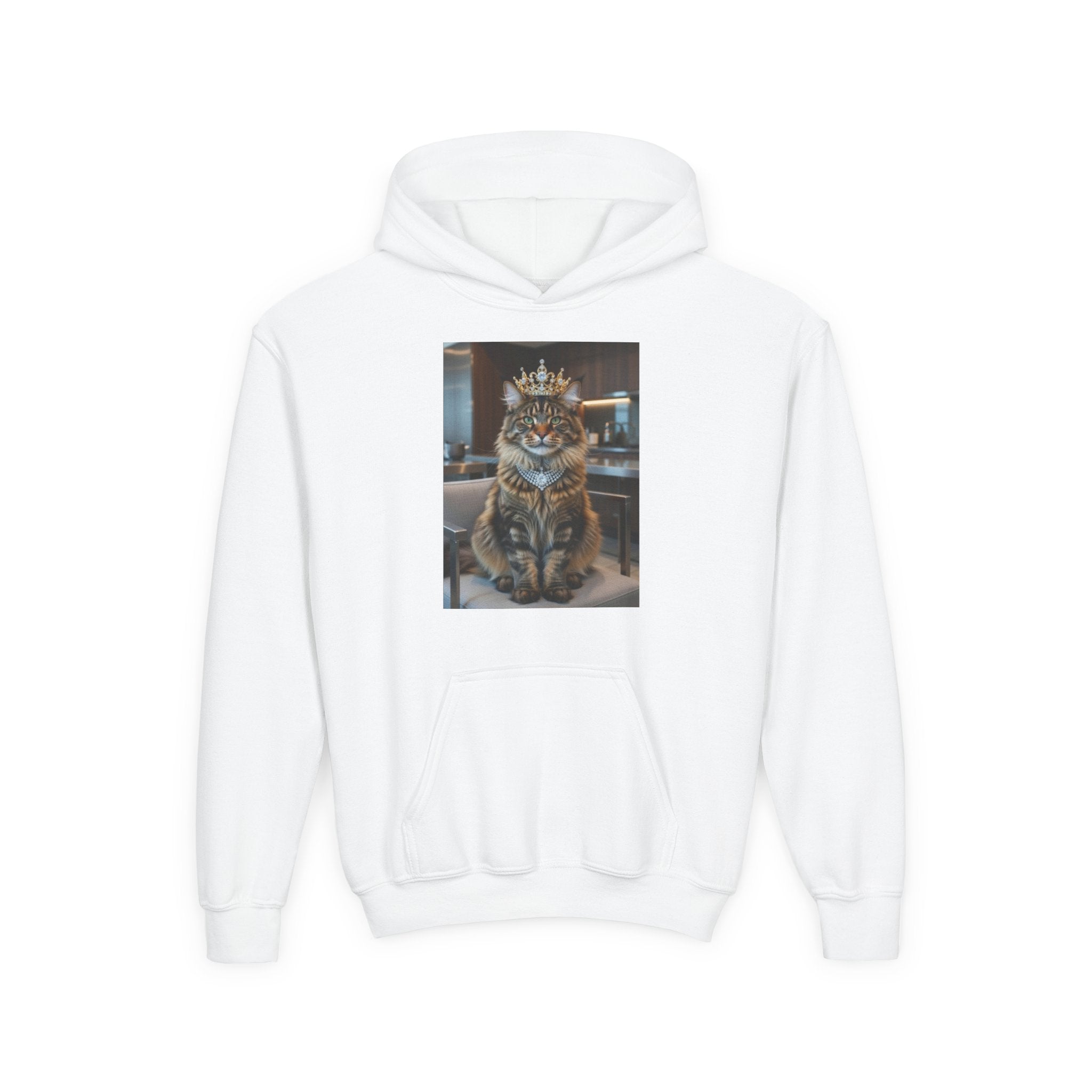 Youth Cat King Hoodie — Regal Crowned Tabby Graphic Sweatshirt