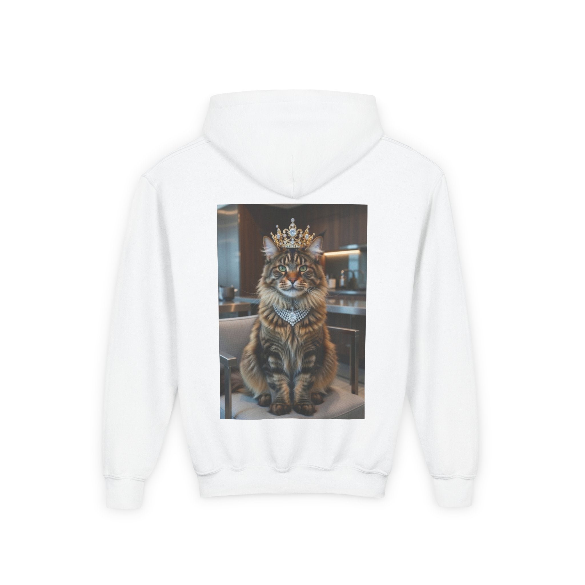 Youth Cat King Hoodie — Regal Crowned Tabby Graphic Sweatshirt