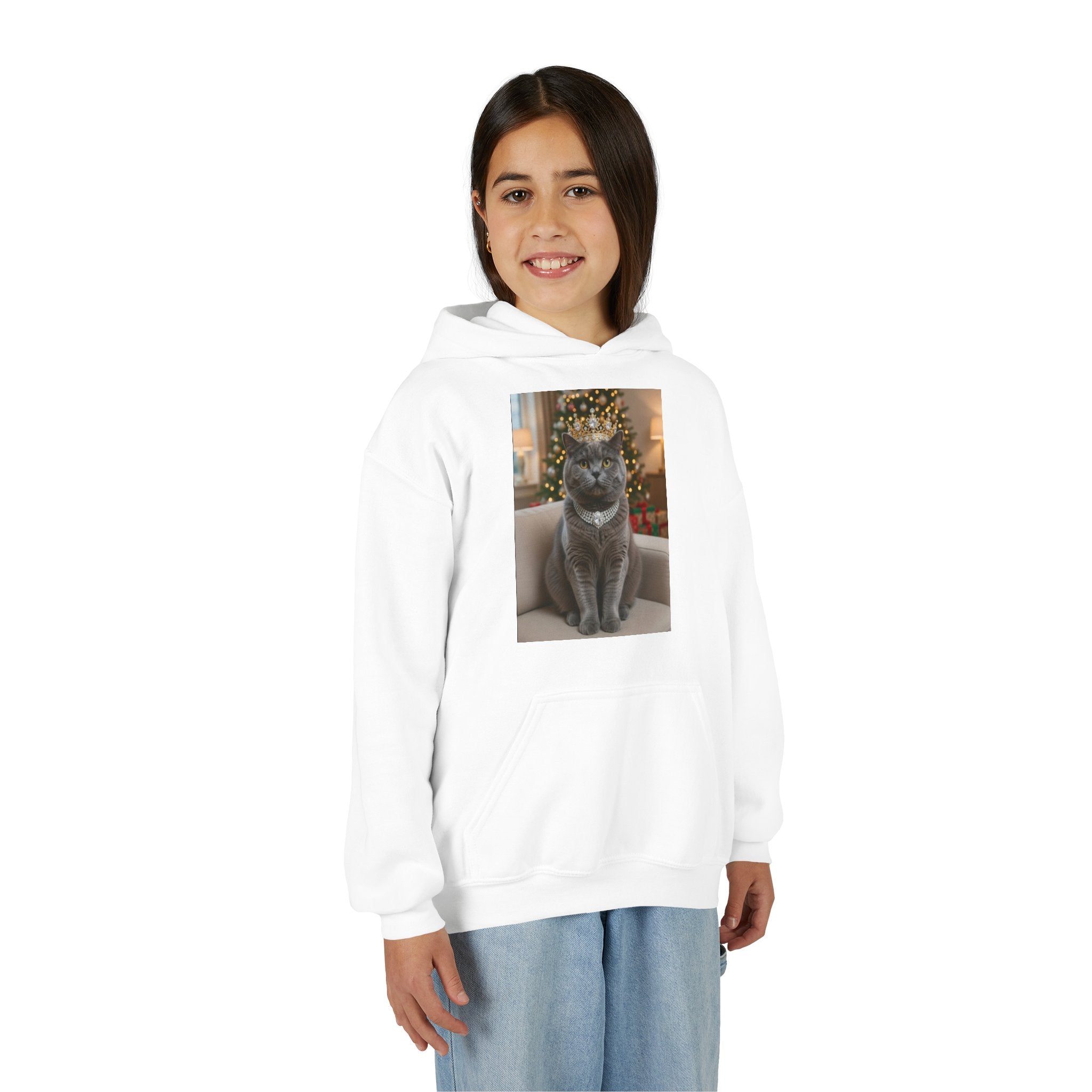 Youth Hoodie — Festive Grey Cat Christmas Photo Sweatshirt