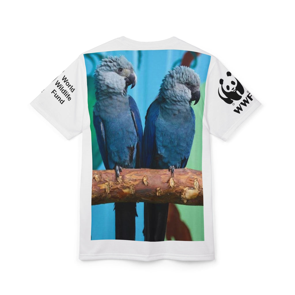 WWF Blue Macaw Conservation Tee — All-Over Print Bird Lover Shirt
