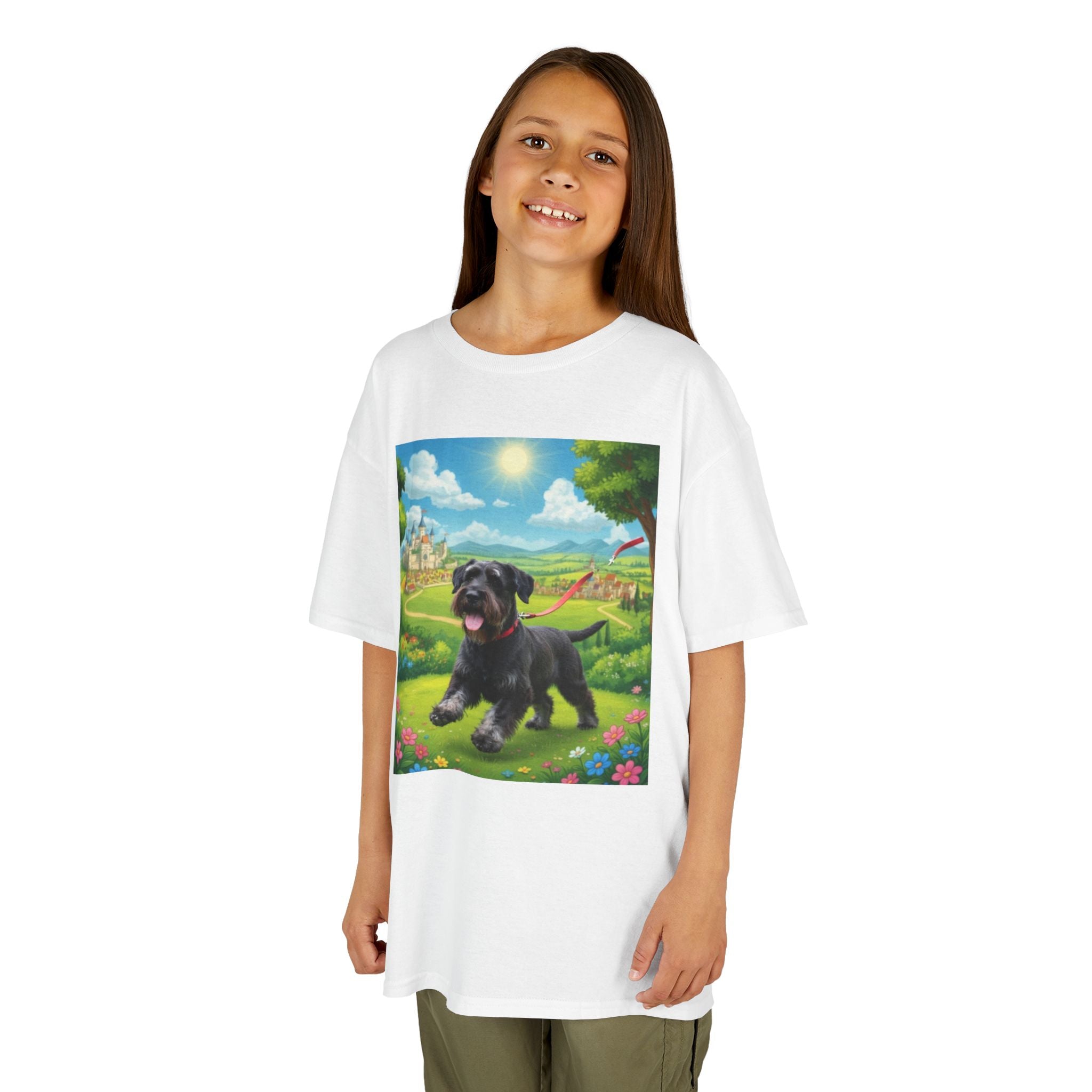 T-SHIRT KIDS DOGS HEROES — Black Puppy in Sunny Meadow Cute Dog Graphic
