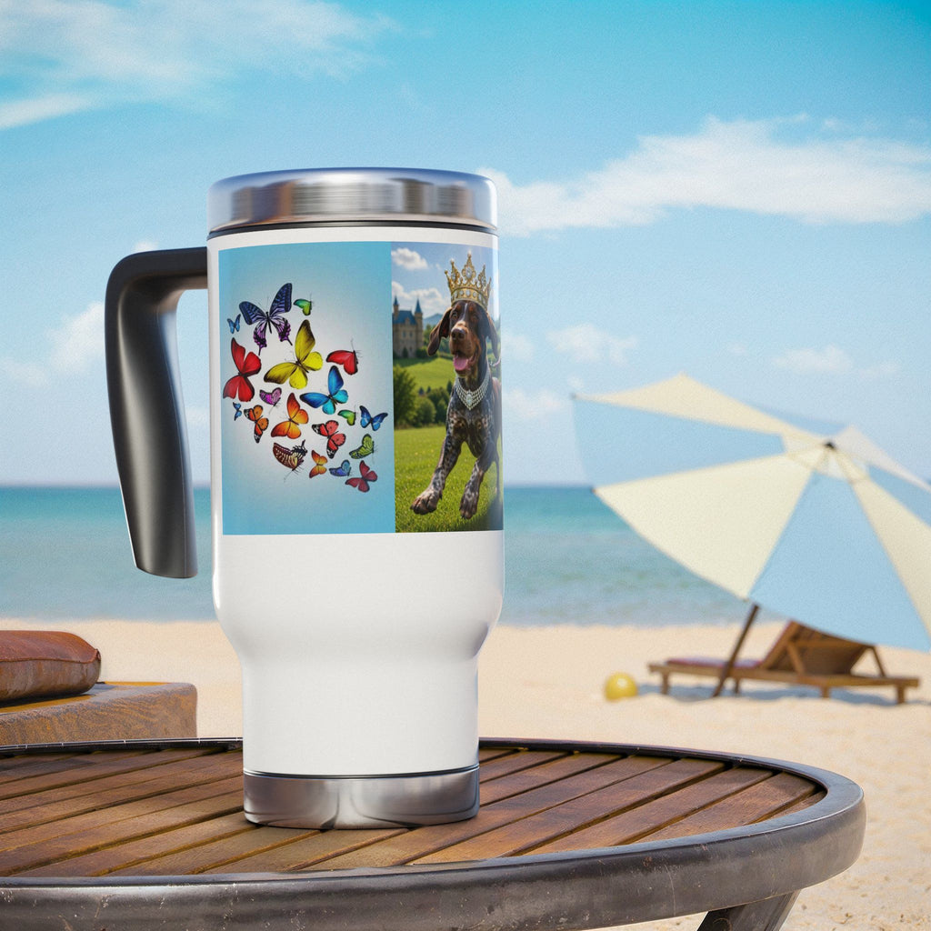 14oz Travel Mug — Crowned Dog & Rainbow Butterflies Stainless Steel Tumbler