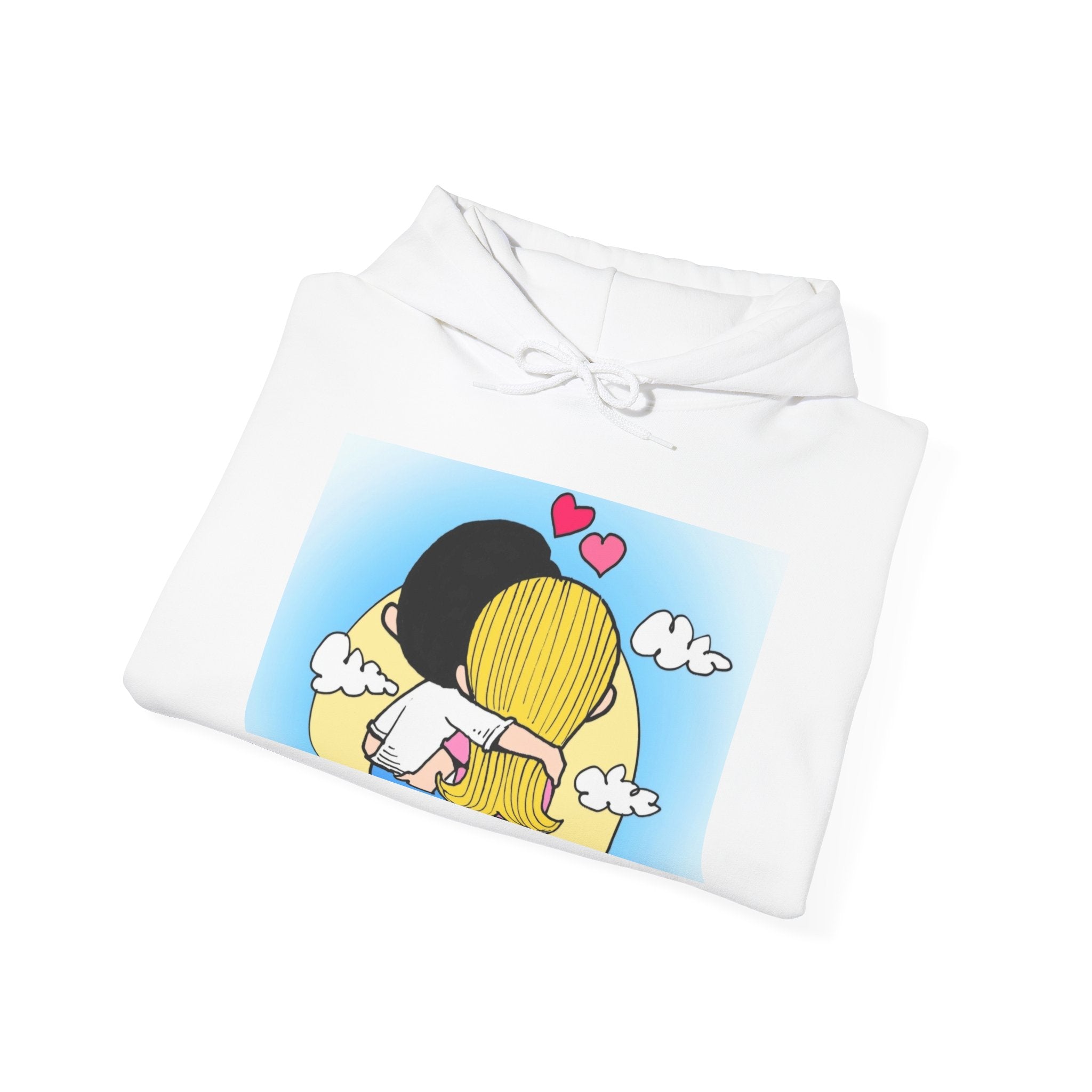 HOODIE LOVE IS...  Cute Couples Hoodie - Kawaii Embrace Illustration with 'Love' Sleeve Accents
