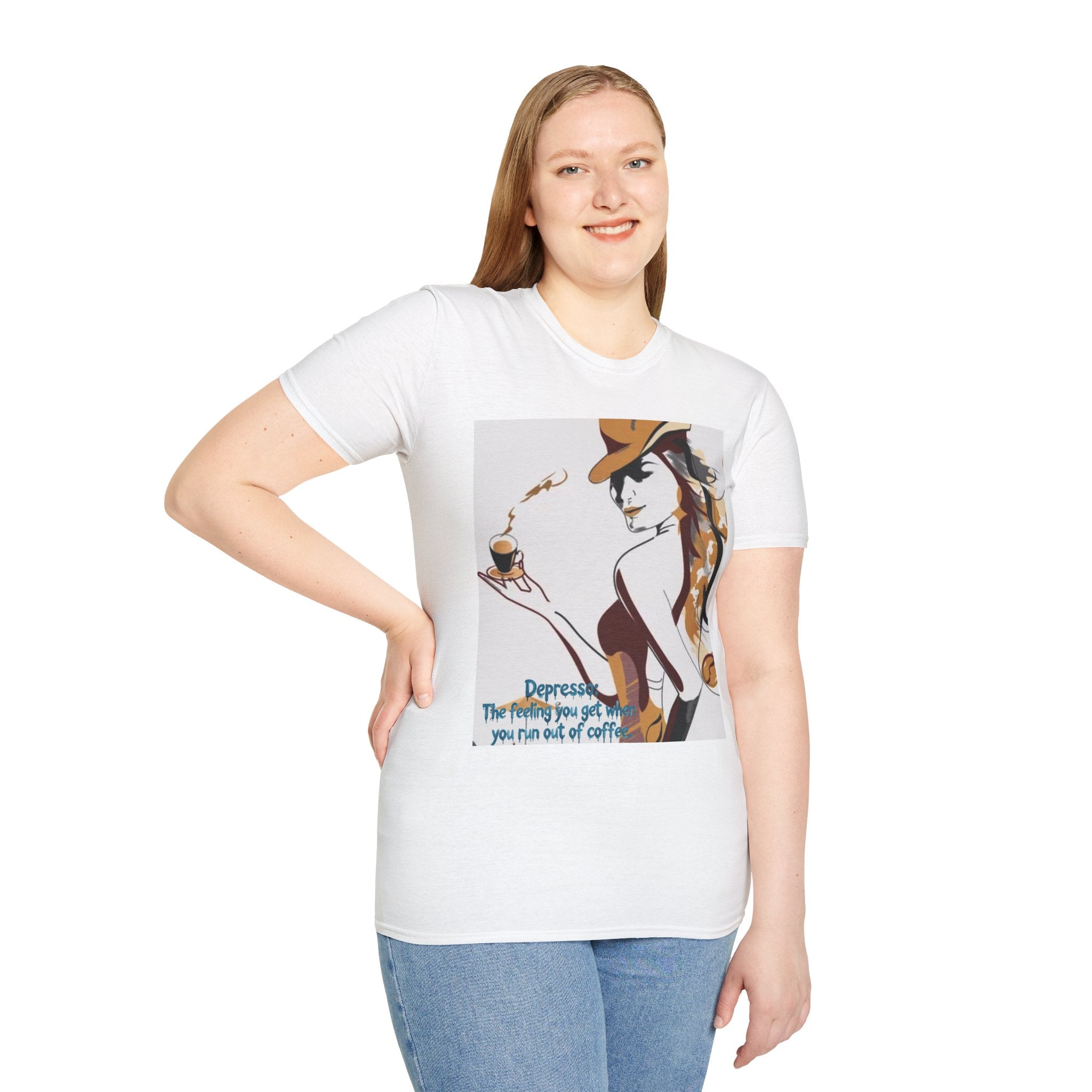 T-Shirt — Retro Cowgirl Coffee Tee (“Depressed: The feeling you get when you run out of coffee”)