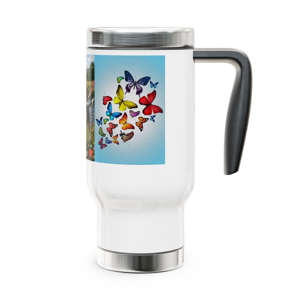 Crowned Beagle Travel Mug — 14oz Stainless Steel Tumbler with Handle, Butterfly Garden Design