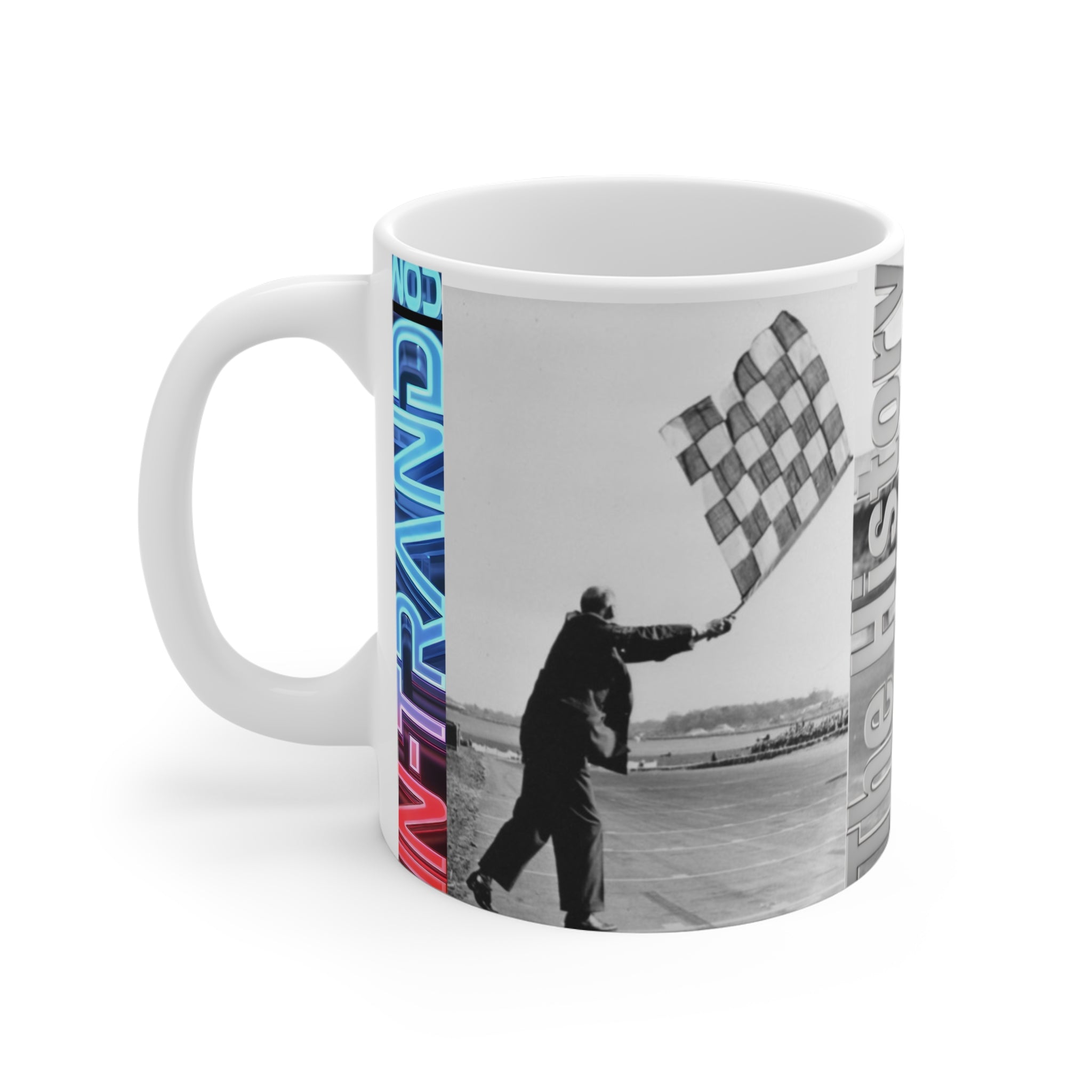 Racing History 11oz Coffee Mug — 'The History of Speed' Vintage Checkered Flag Design
